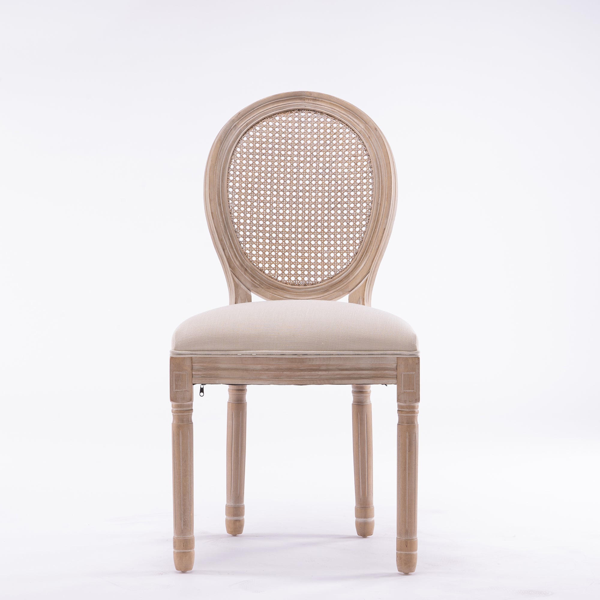 French Style Solid Wood Linen Fabric Rattan Back Dining Chair, Set of 2, Beige