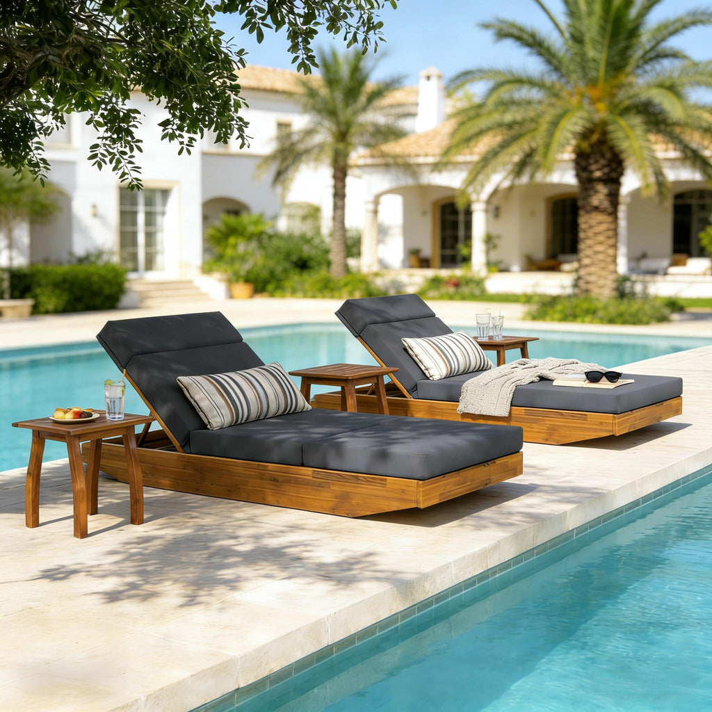 Outdoor Chaise Lounge Acacia Wood Teak Dark Gray Cushion Foldable 300 LB