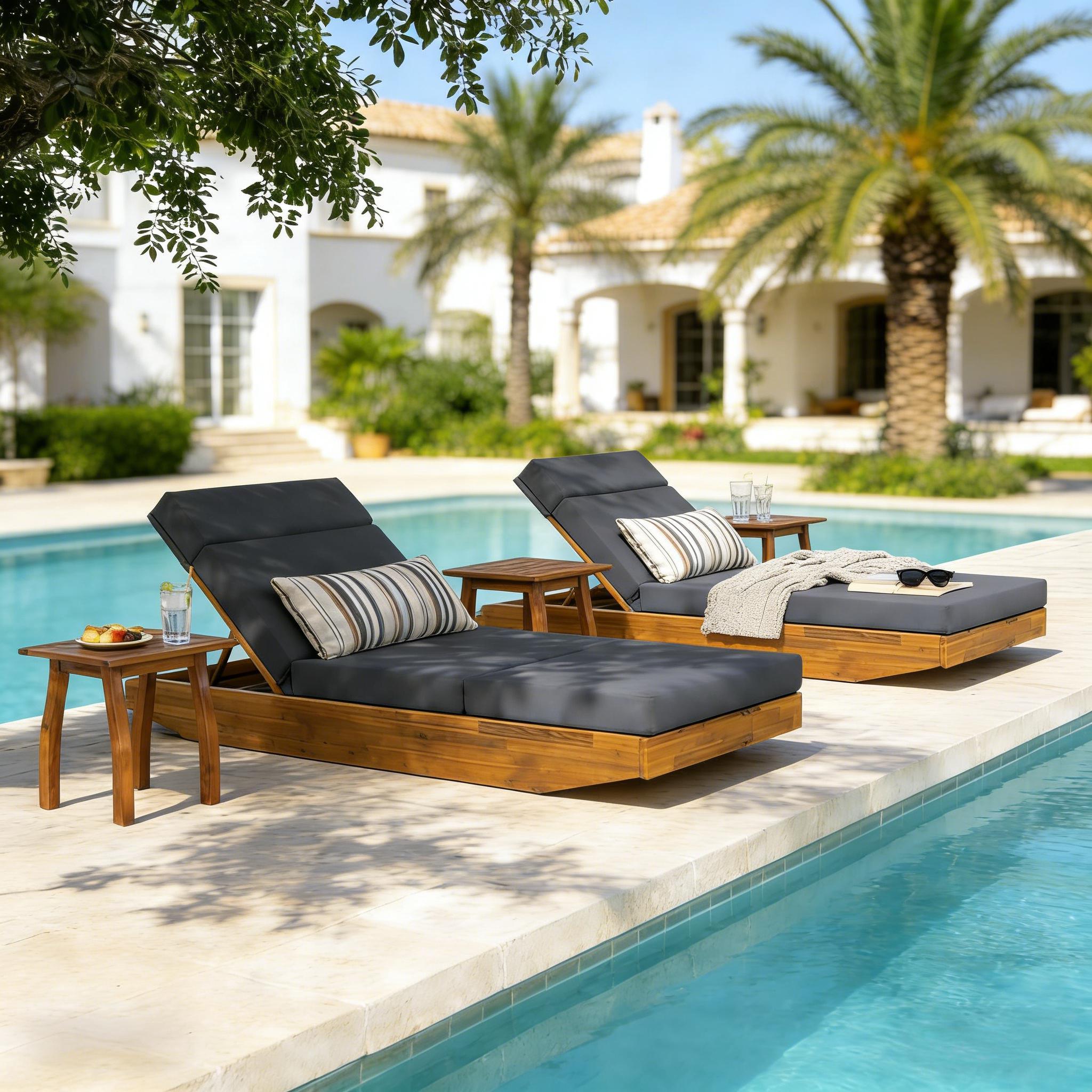 Outdoor Chaise Lounge Acacia Wood Teak Dark Gray Cushion Foldable 300 LB