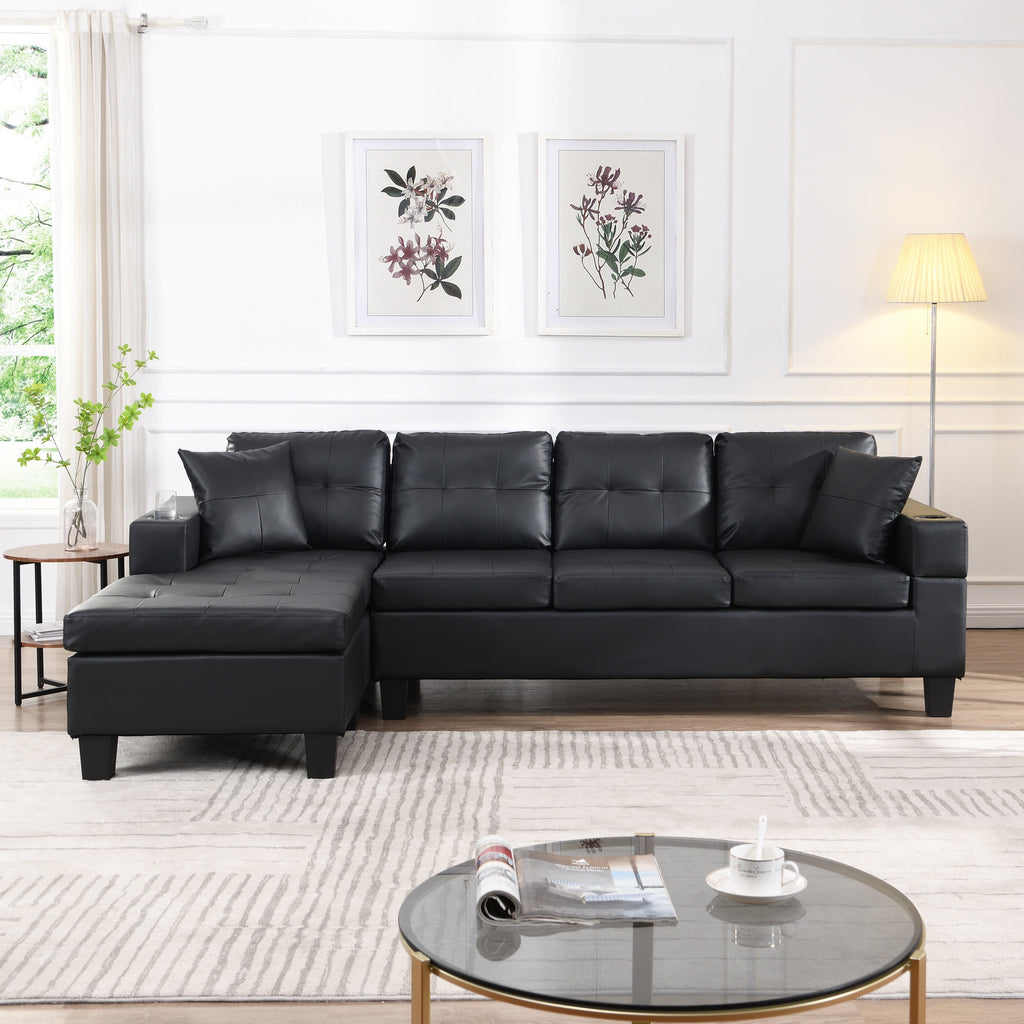 Sectional Sofa L-Shape Chaise PU Leather Black 4-Seat Cup Holders 96x57 In