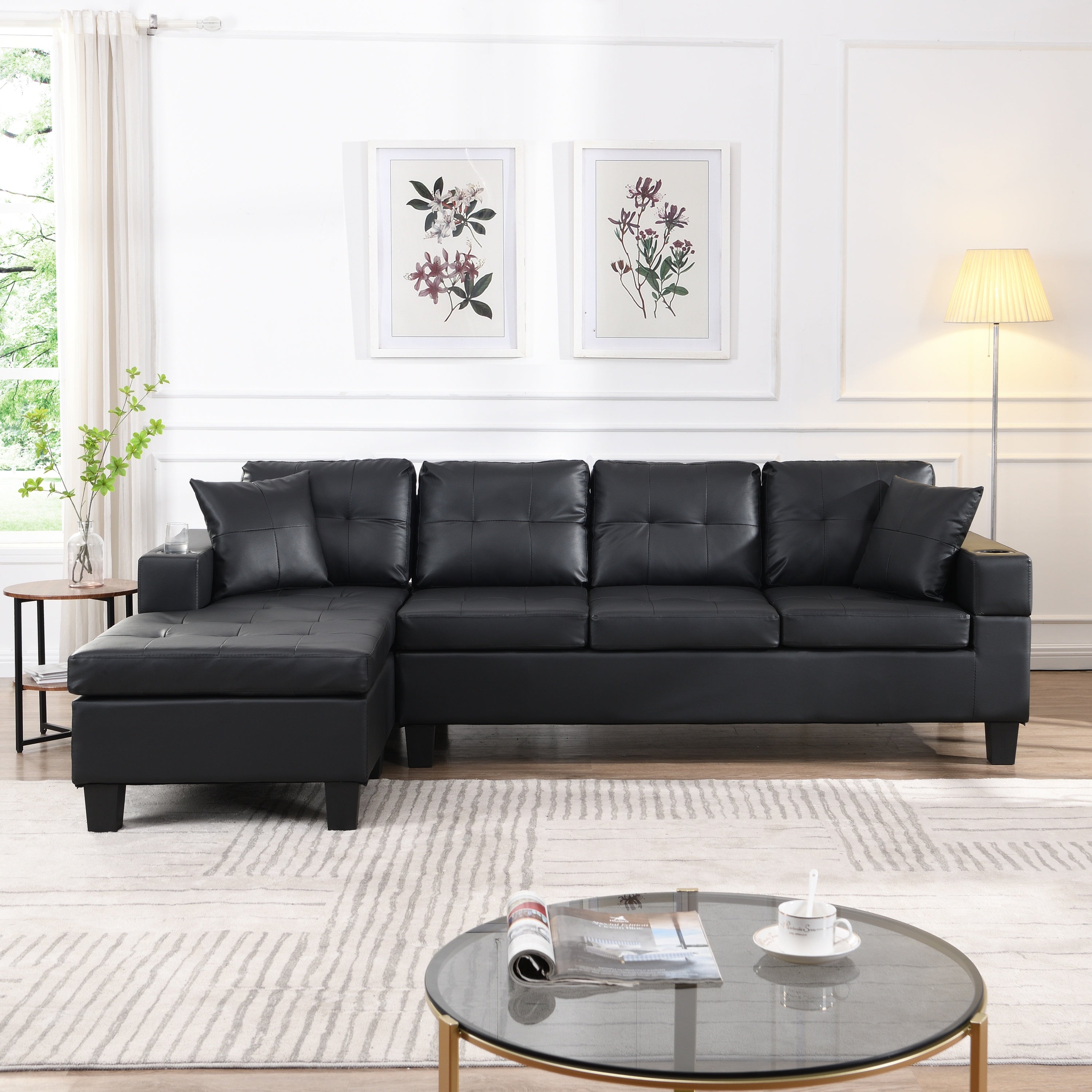 Sectional Sofa L-Shape Chaise PU Leather Black 4-Seat Cup Holders 96x57 In