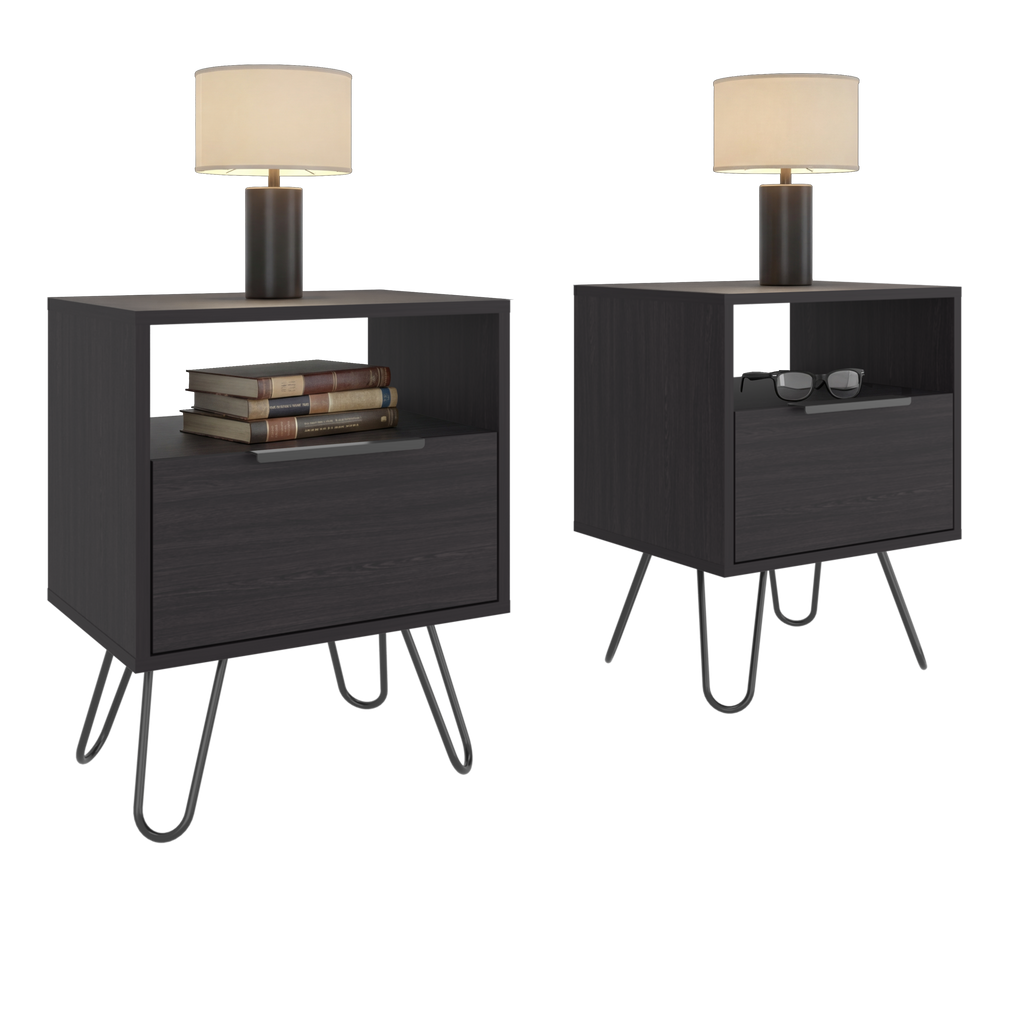 Set of 2 Modern Nightstands with Storage, Metal Legs, Wenge