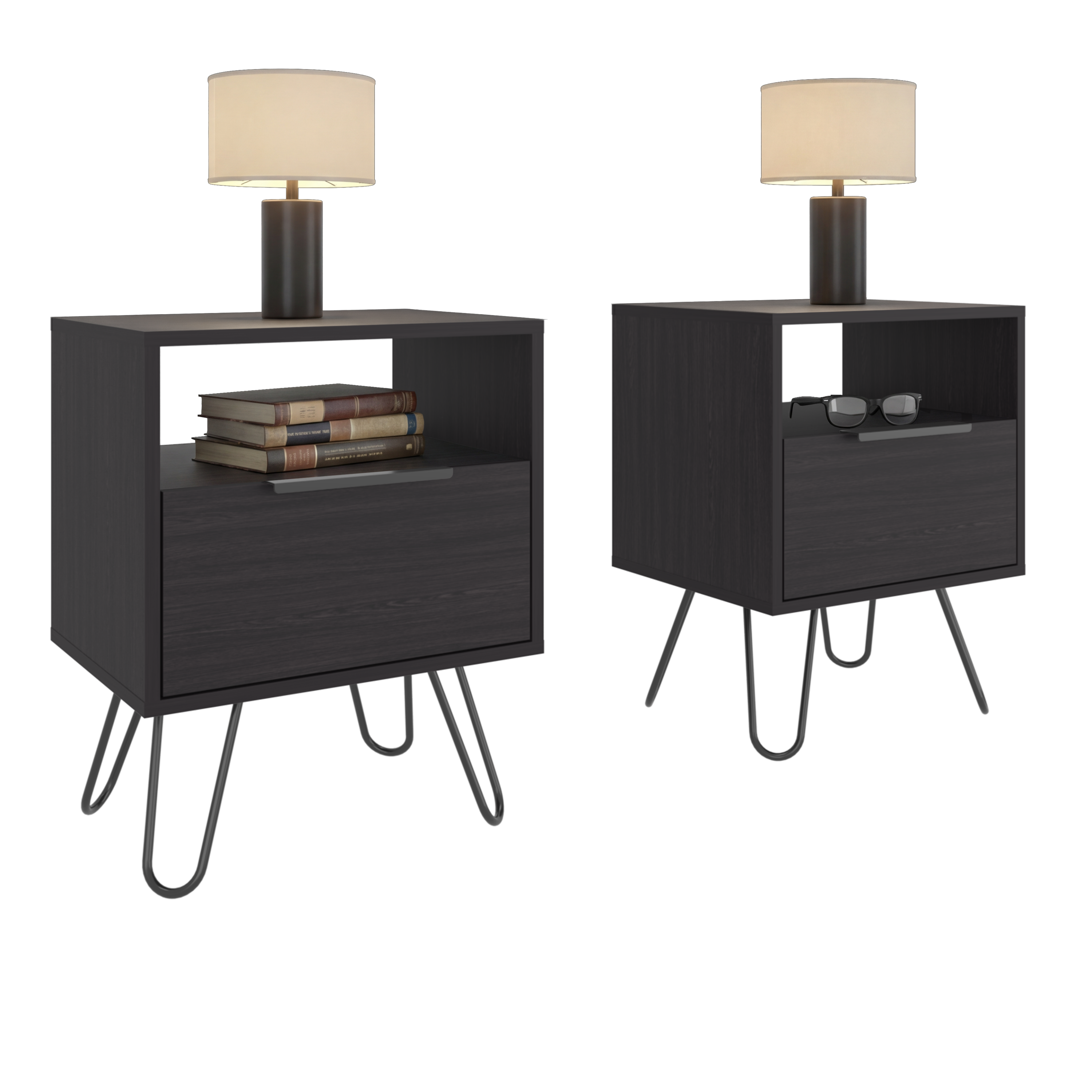 Set of 2 Modern Nightstands with Storage, Metal Legs, Wenge