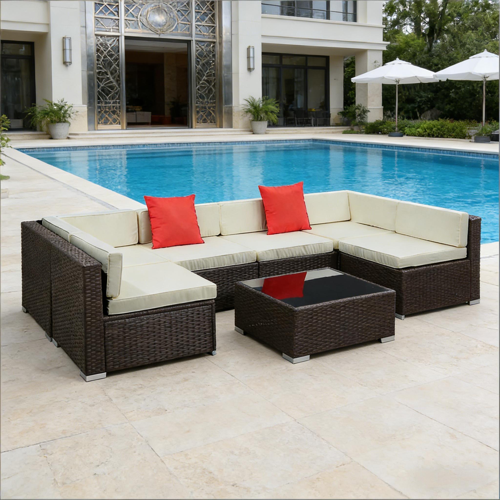 7 Piece Outdoor Sectional Set PE Rattan Beige Cushion