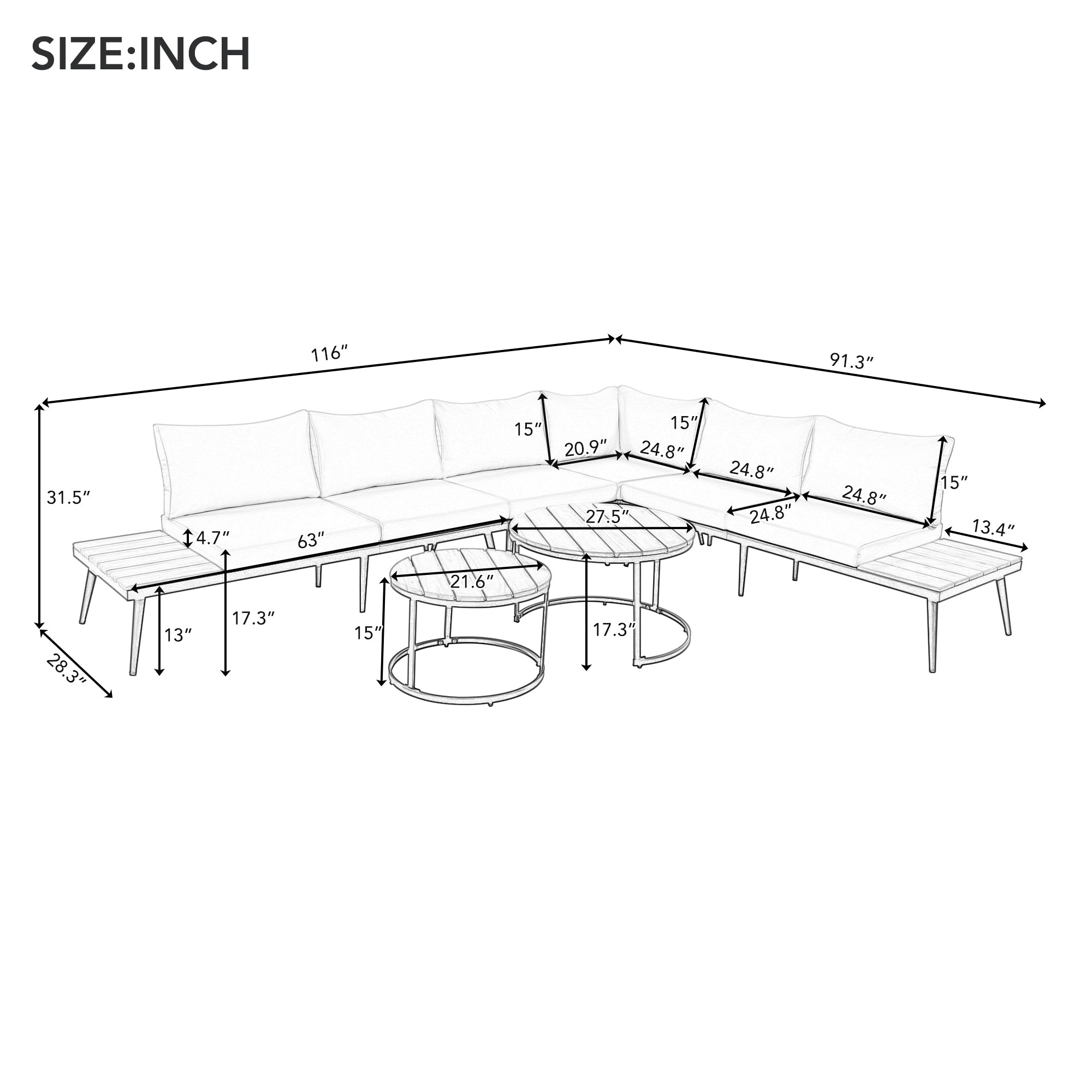 Outdoor Sectional Set Acacia Wood Steel Gray with Nesting Tables