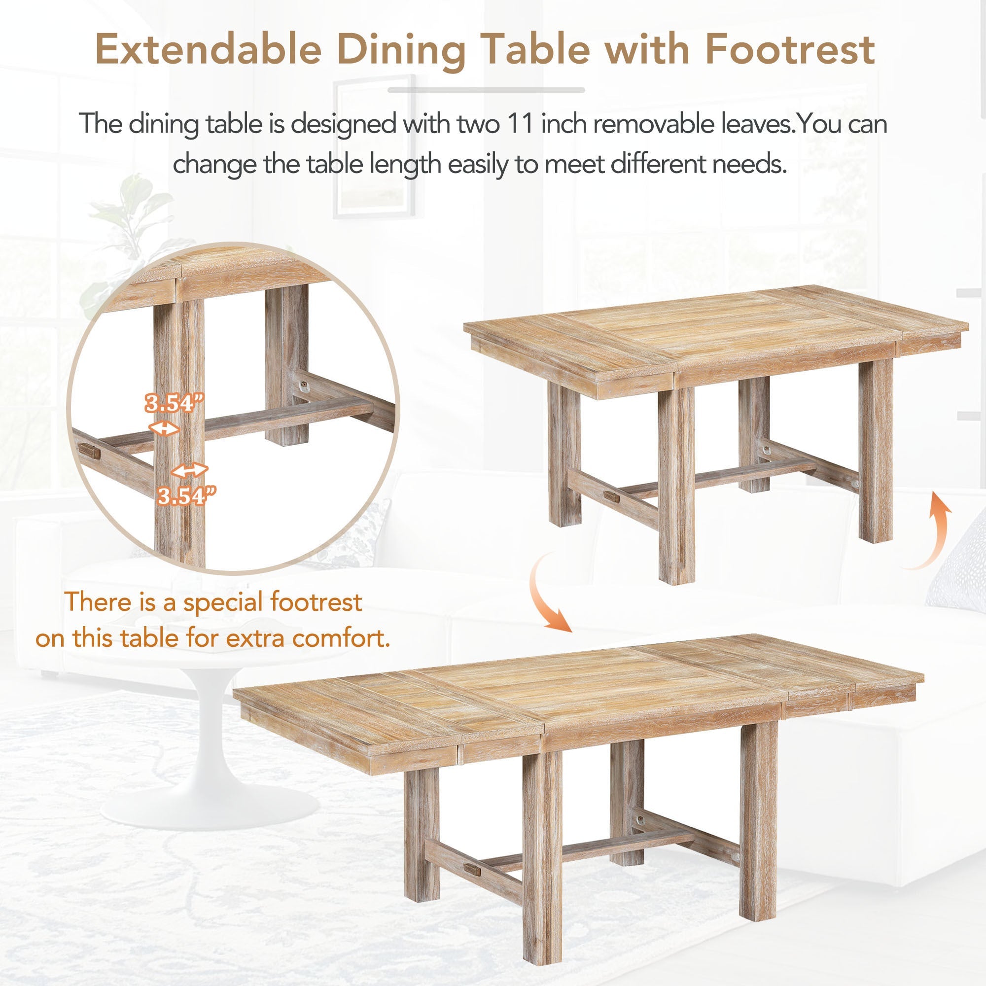 Farmhouse 82inch 6-Piece Extendable Dining Table with Footrest, 4 Upholstered