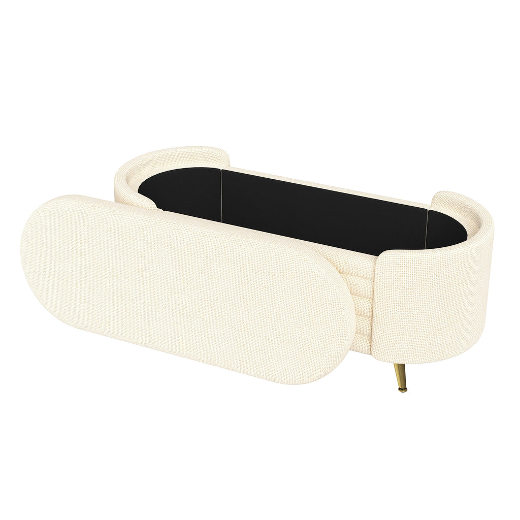 Storage Ottoman Oval Chenille Beige Metal Legs Hidden Storage 44.9x18x18 In
