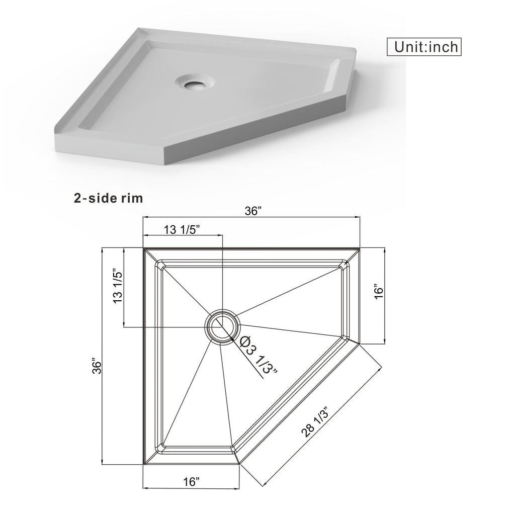 Neo-Angle Corner Drain Shower Base White Acrylic 36x36x3.5 in