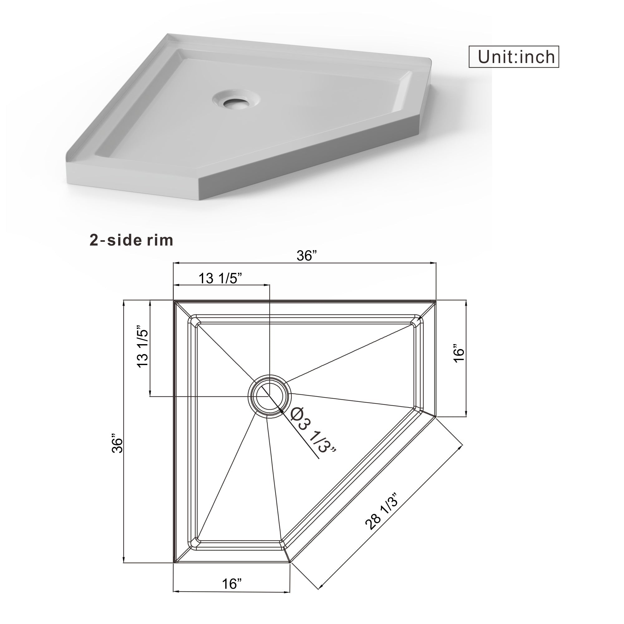 Neo-Angle Corner Drain Shower Base White Acrylic 36x36x3.5 in