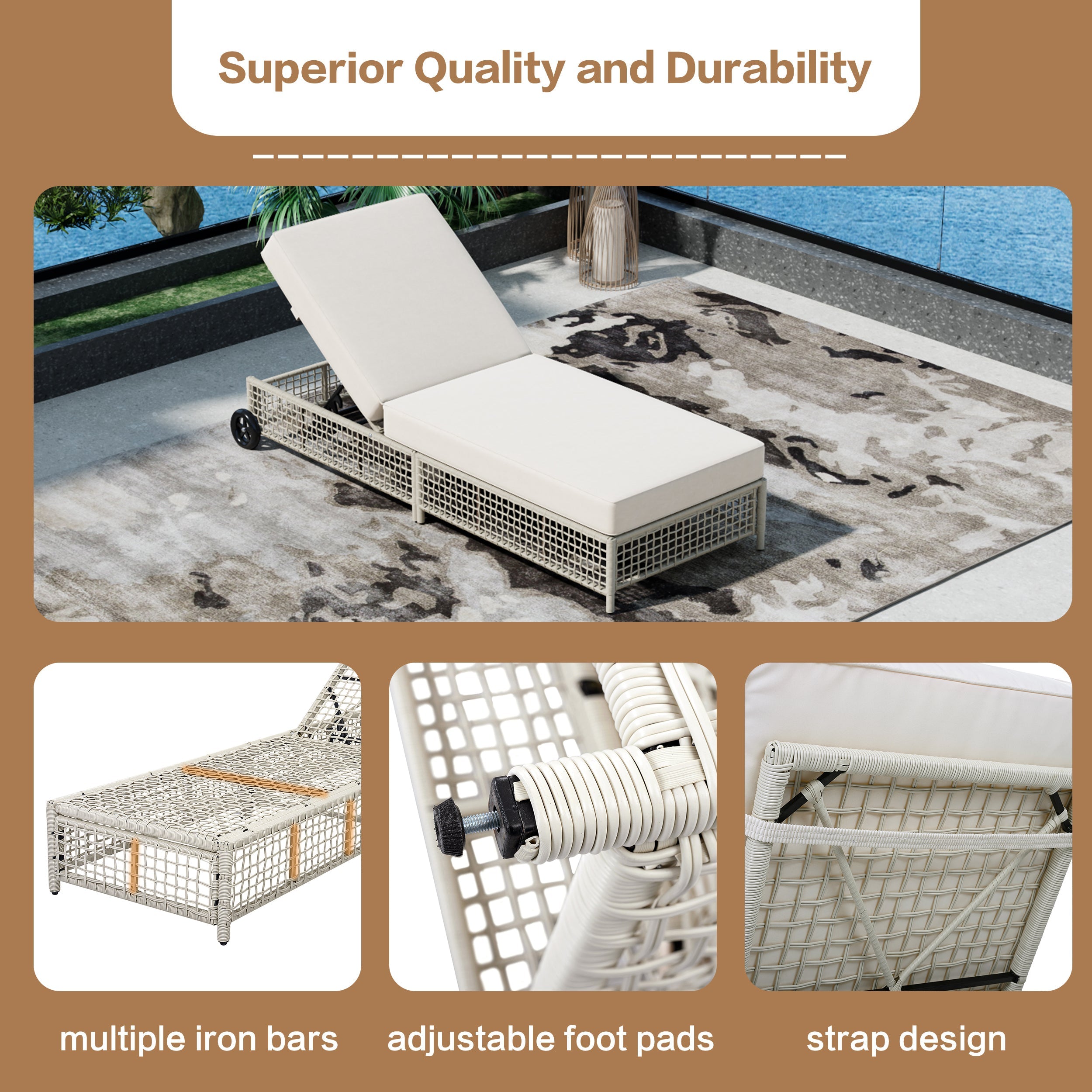 Outdoor Lounge Chair, 5-Position Adjustable Rattan Chaise with Cushion and