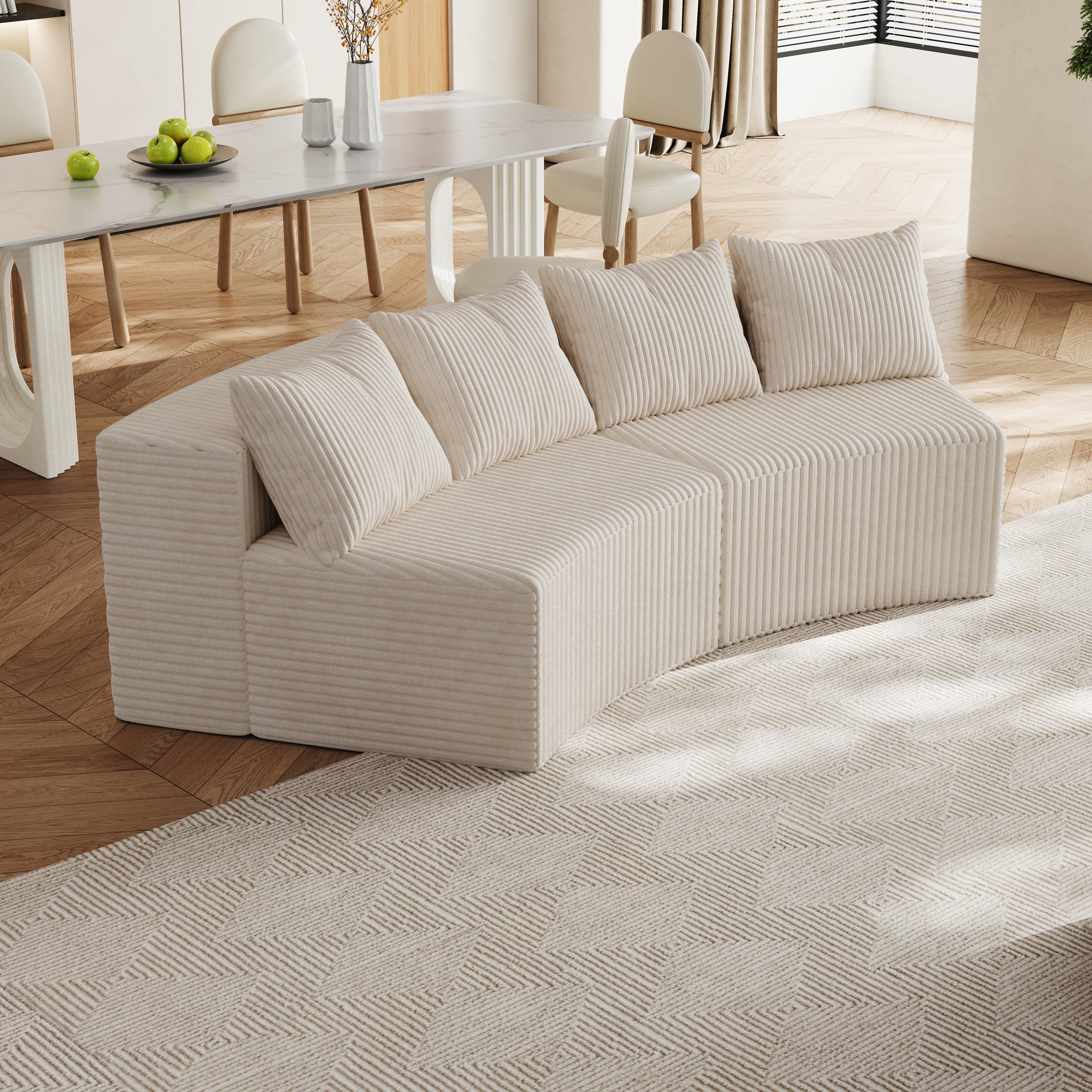Sectional Sofa Modular Curved Corduroy Beige 2 Seat 4 Pillows