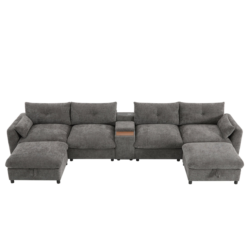 Sectional Sofa U-Shape Chenille Gray 6 Seat USB Console 136 In