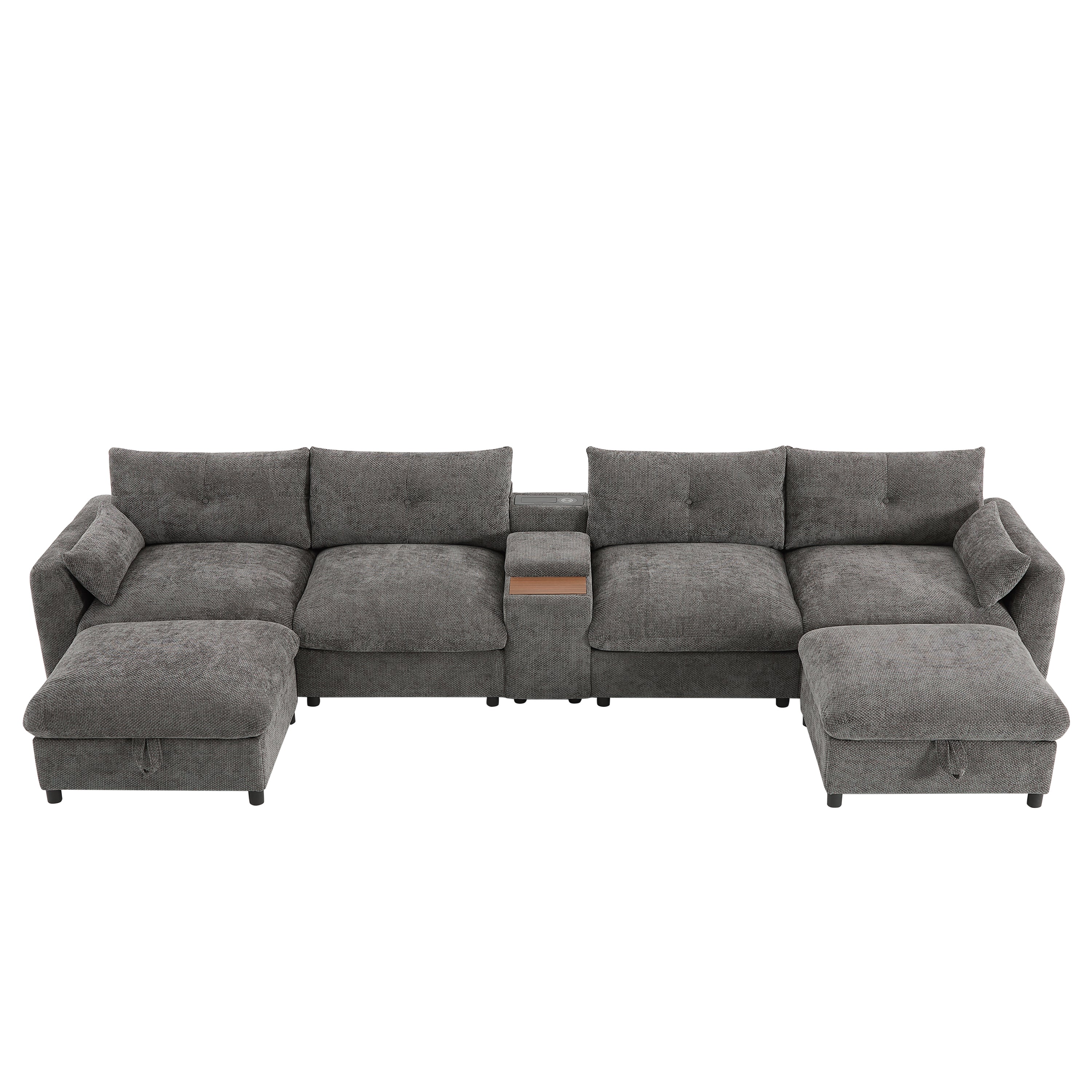 Sectional Sofa U-Shape Chenille Gray 6 Seat USB Console 136 In