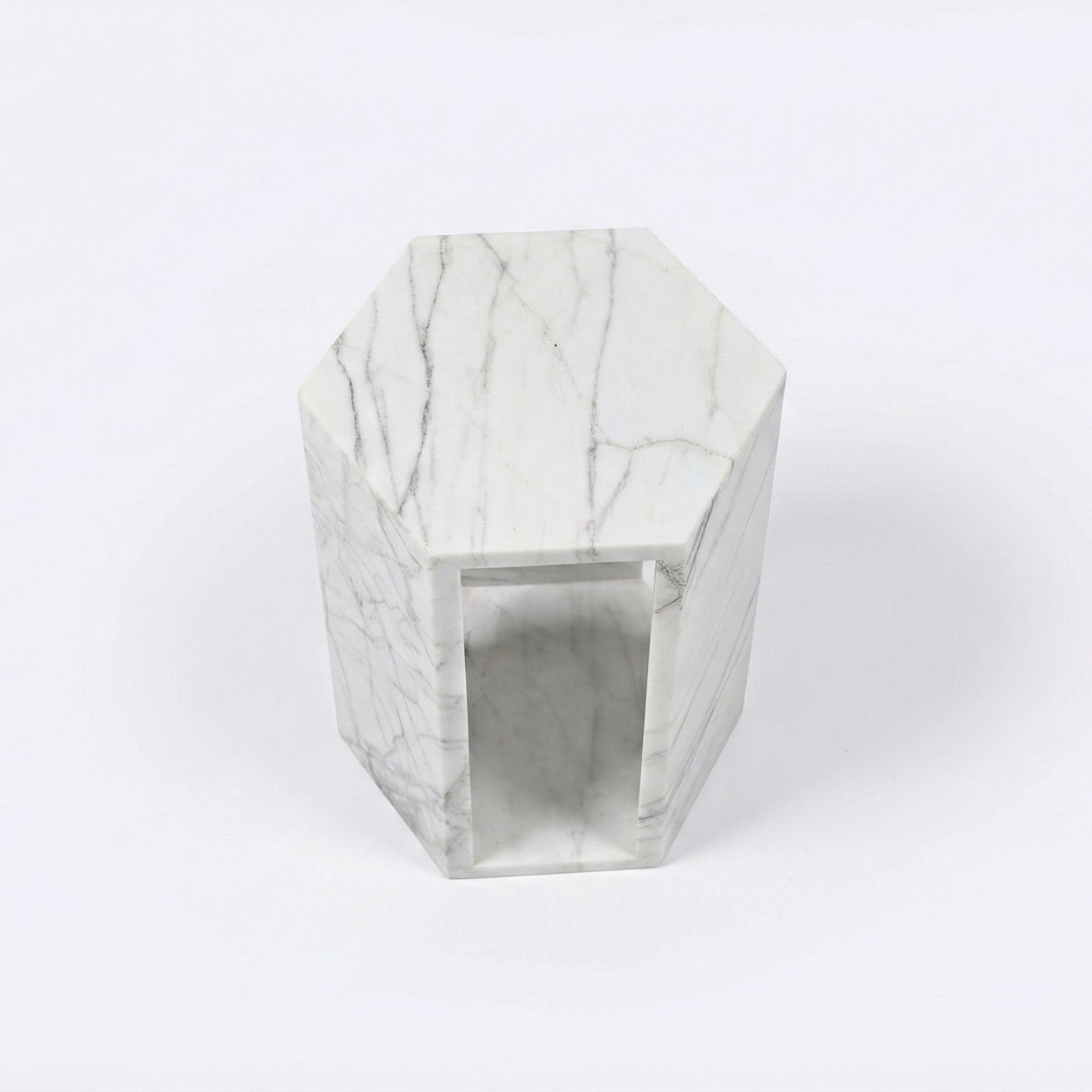 White Marble Hexagon Side Table, 15.7 in, Geometric Stone, Polished Pedestal