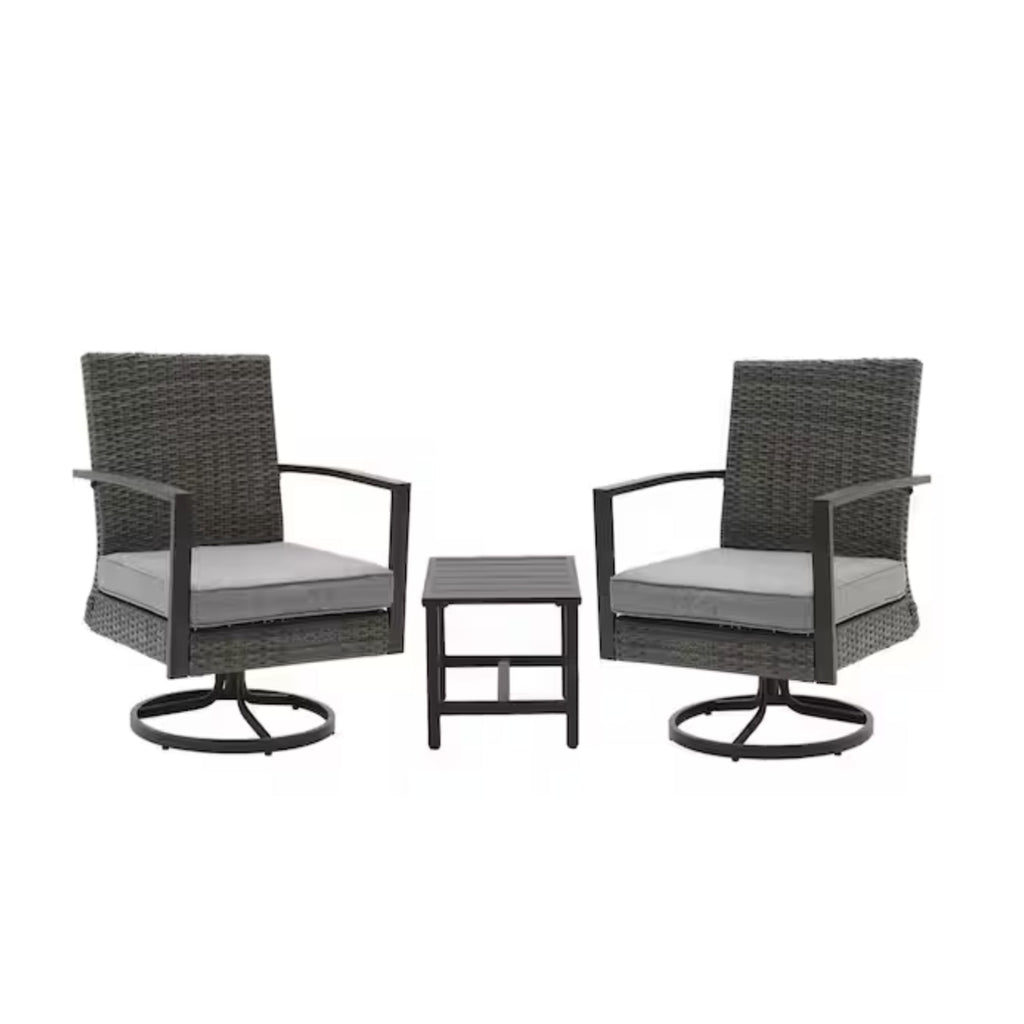 Outdoor Bistro Set Rattan Swivel Rocker Gray 3 Piece with Side Table