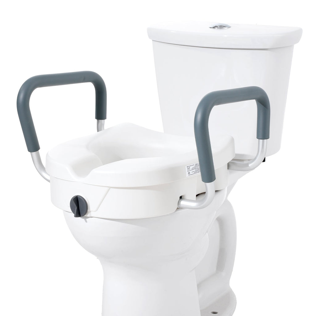Raised Toilet Seat 5 In Height Padded Armrests Adjustable Twist Lock 350 LB