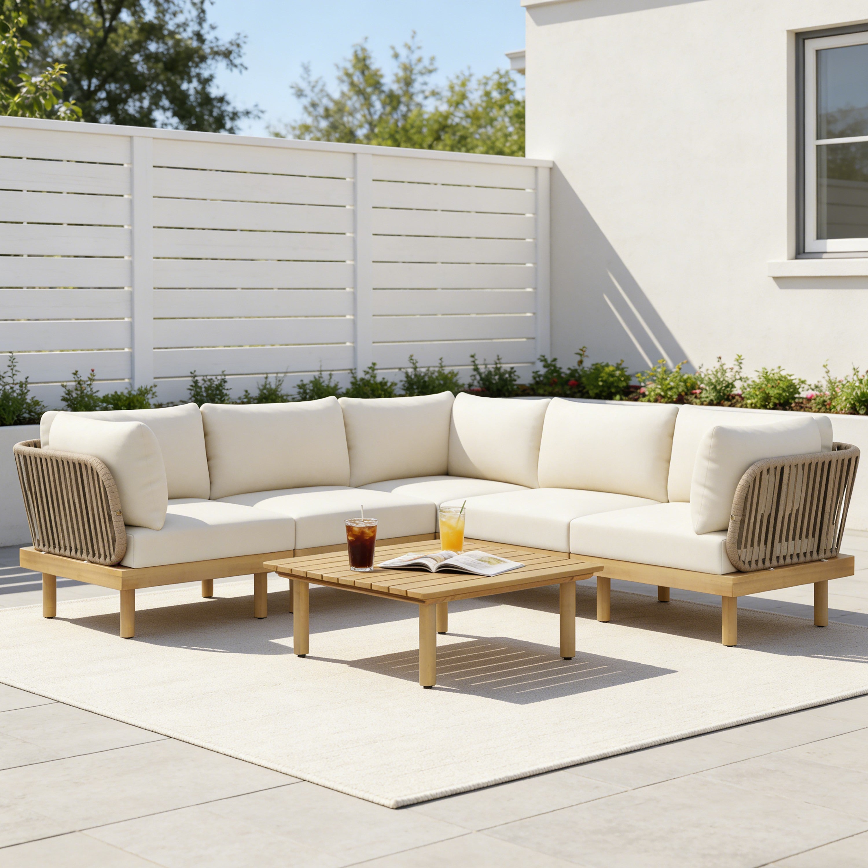 Outdoor Sectional Set Acacia Wood Rope L-Shape Beige 6 Piece