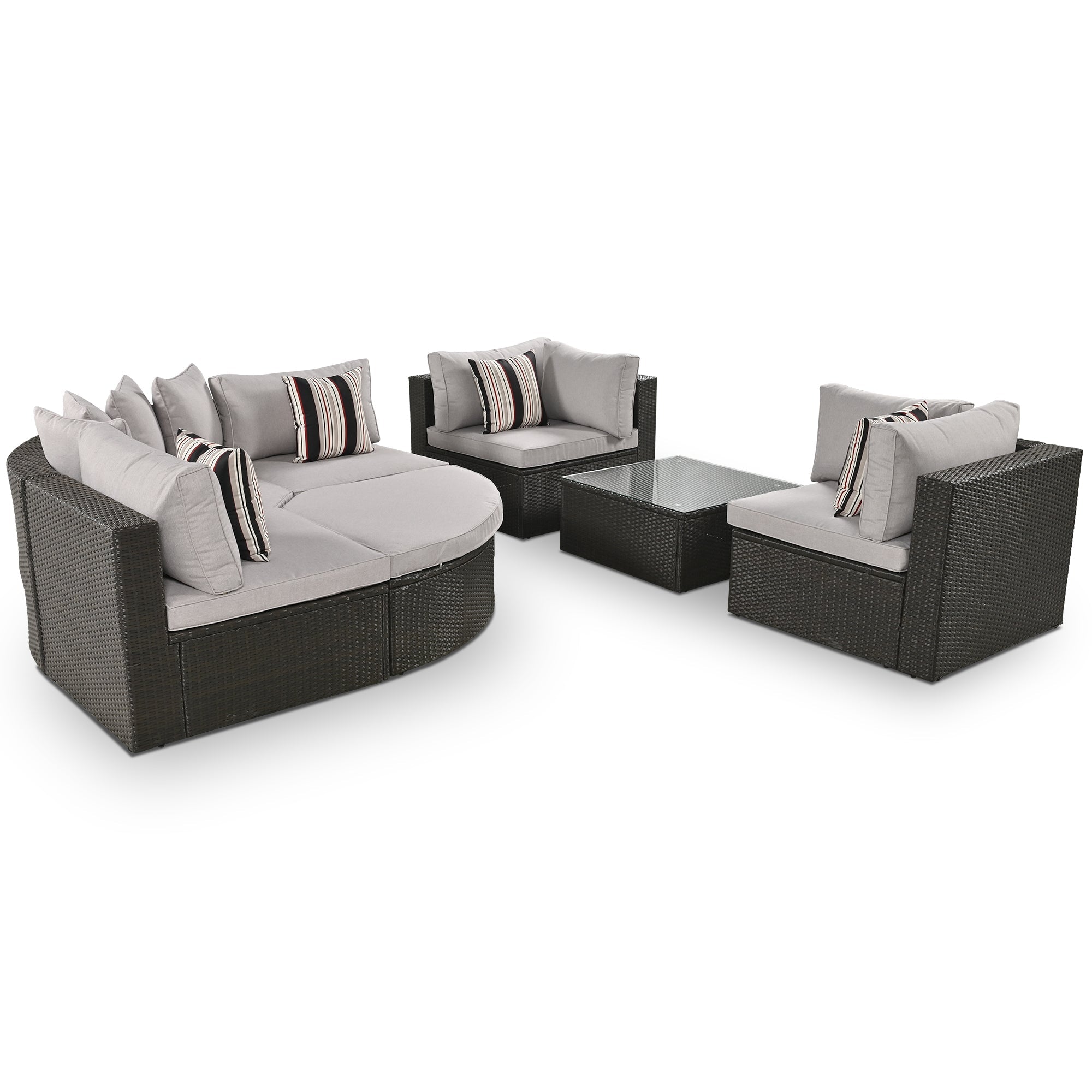 Outdoor Wicker Sofa Set Brown 7 Piece Colorful Pillows Seats 6