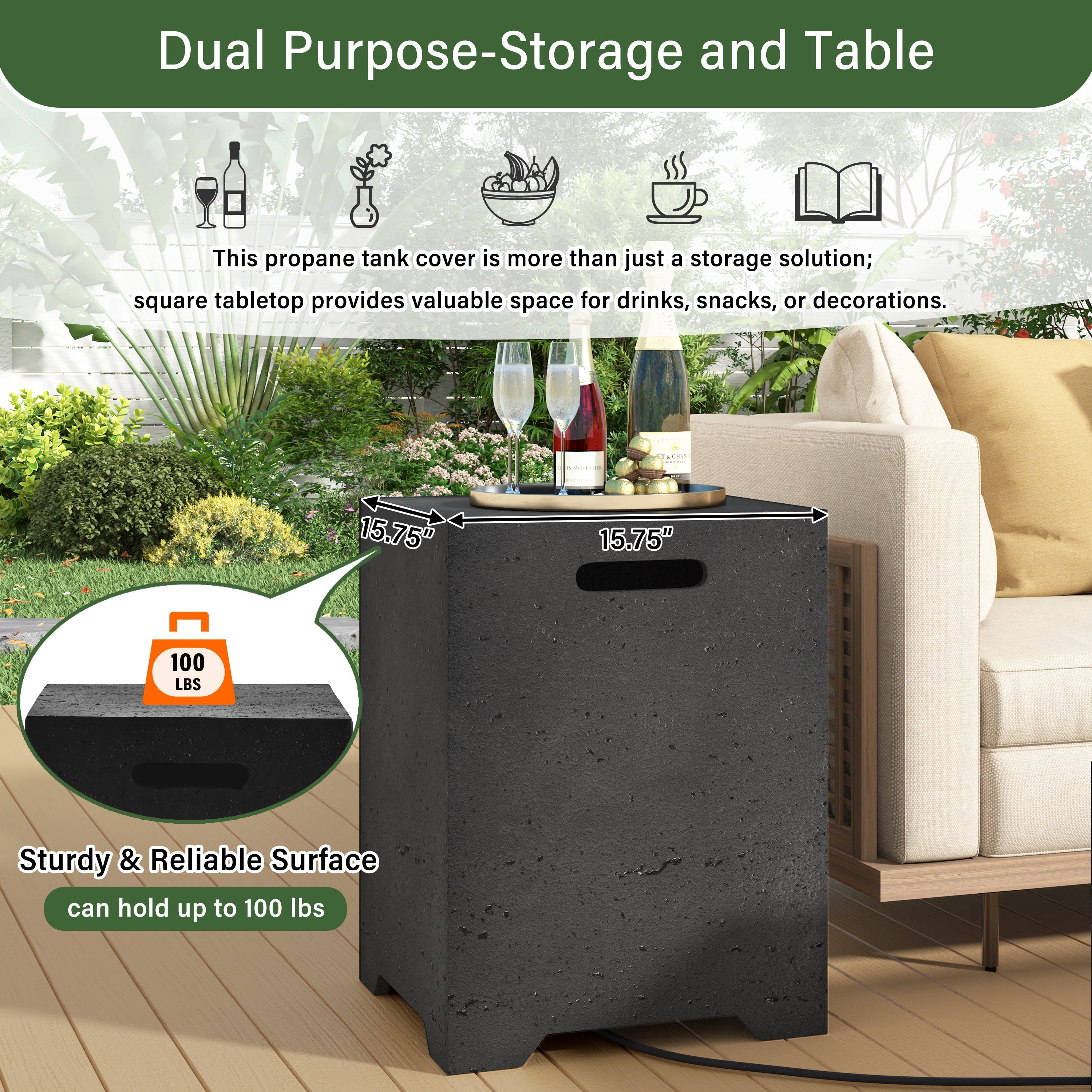 Propane Fire Pit Square MGO 40000 BTU 24" with Side Table Cover