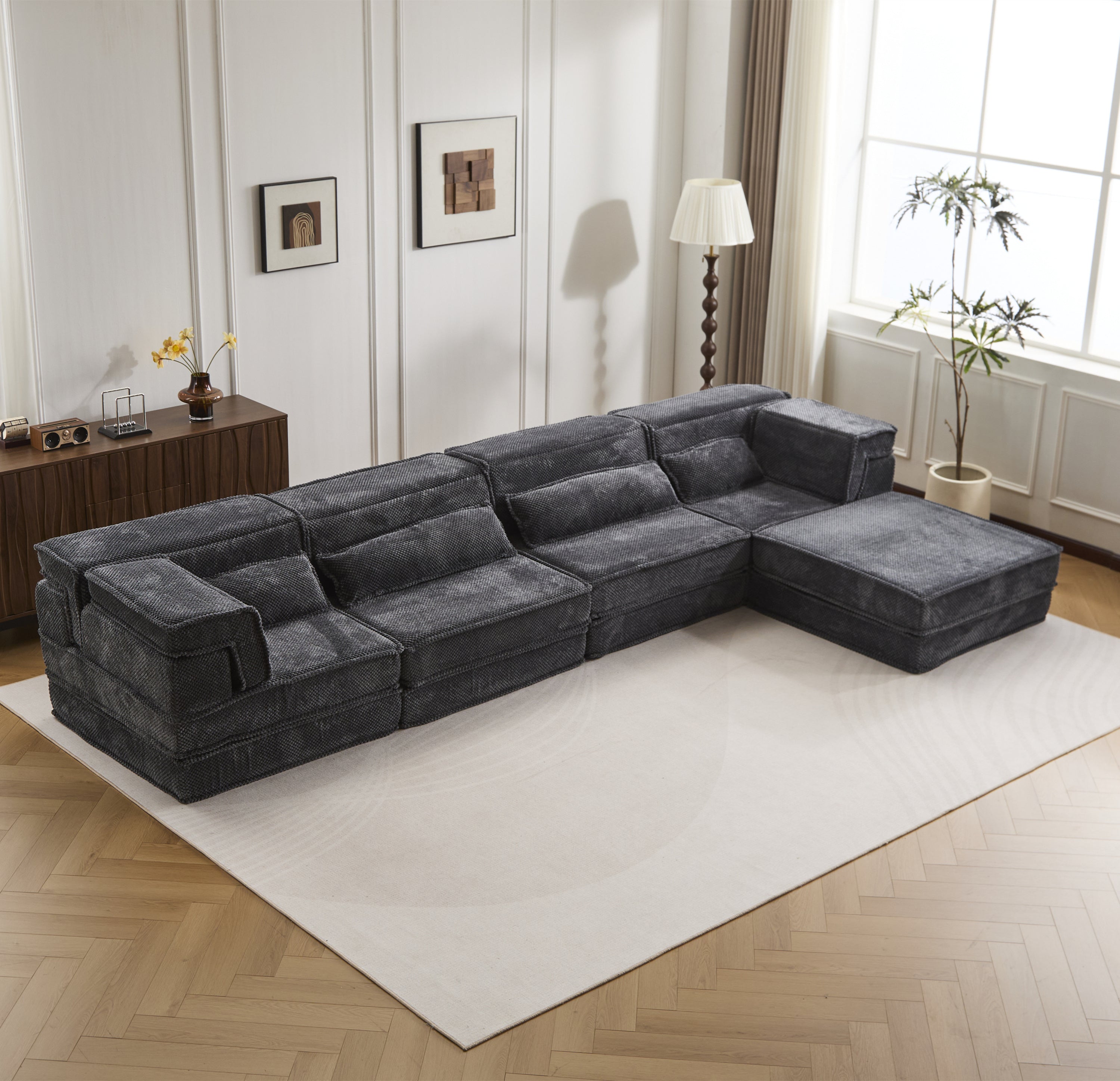 Sectional Sofa Modular Circle Fleece Dark Gray 4 Seat Ottoman 157 In
