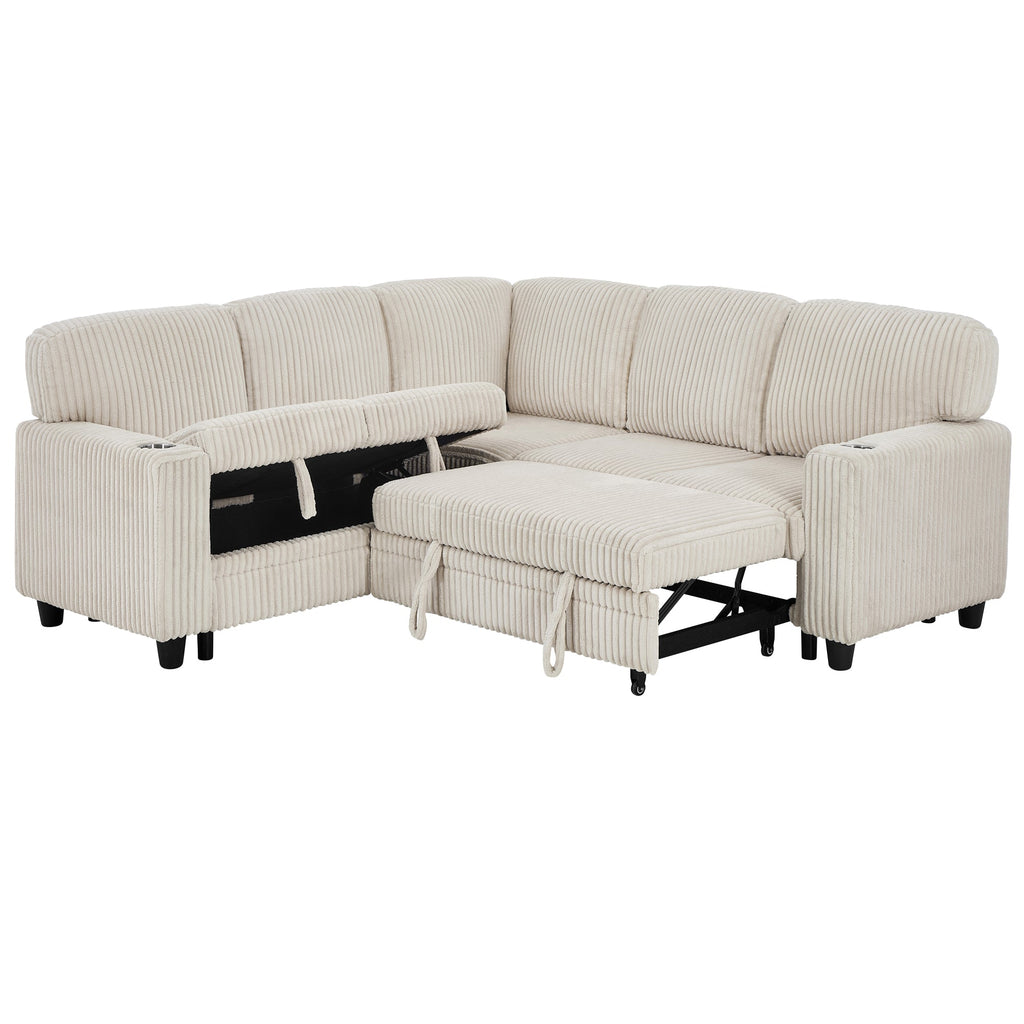 Sofa Bed L-Shape Corduroy Beige 5 Seat Pull-Out USB Ports 81 In