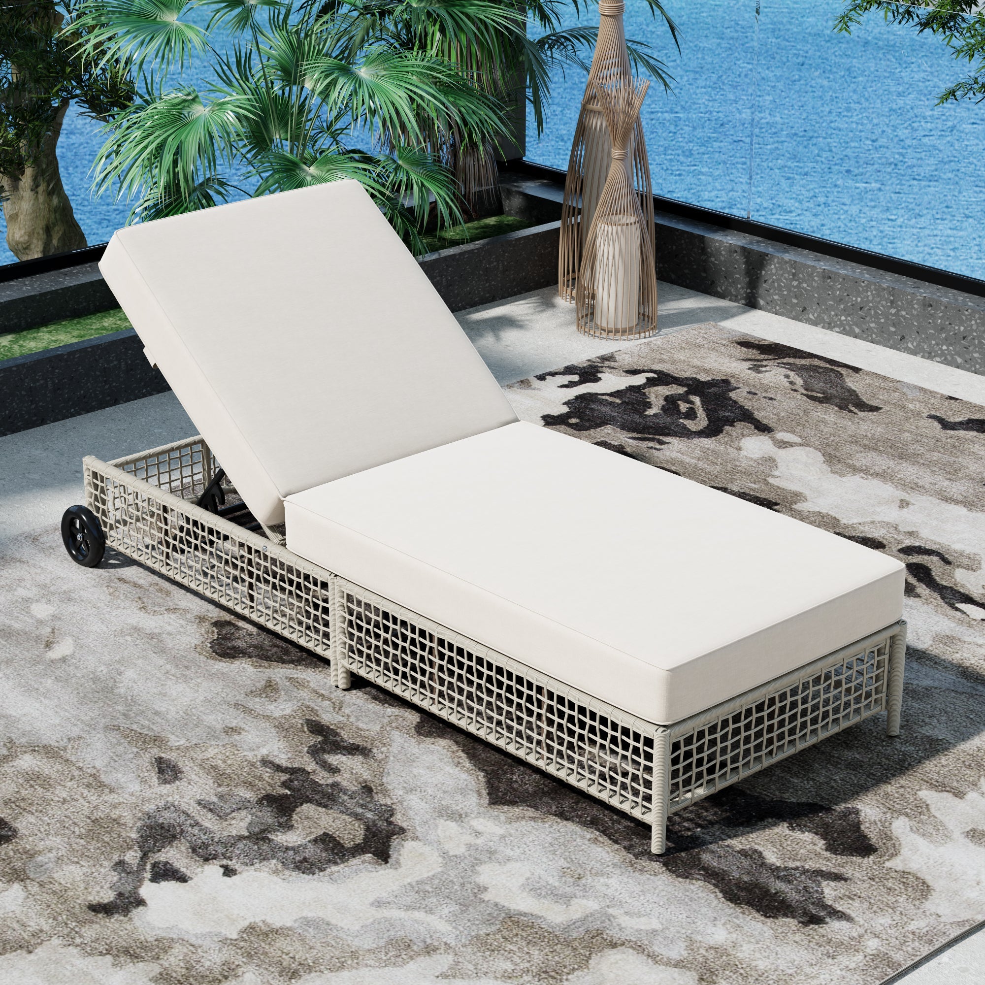Outdoor Lounge Chair, 5-Position Adjustable Rattan Chaise with Cushion and