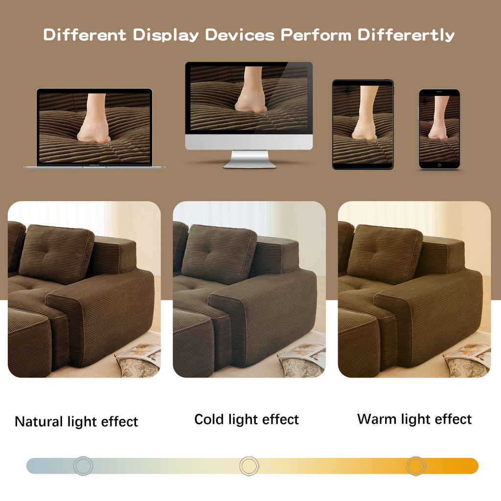 Sectional loveseat L-Shape Corduroy Brown 2 Seat Modular with Ottoman 82 In
