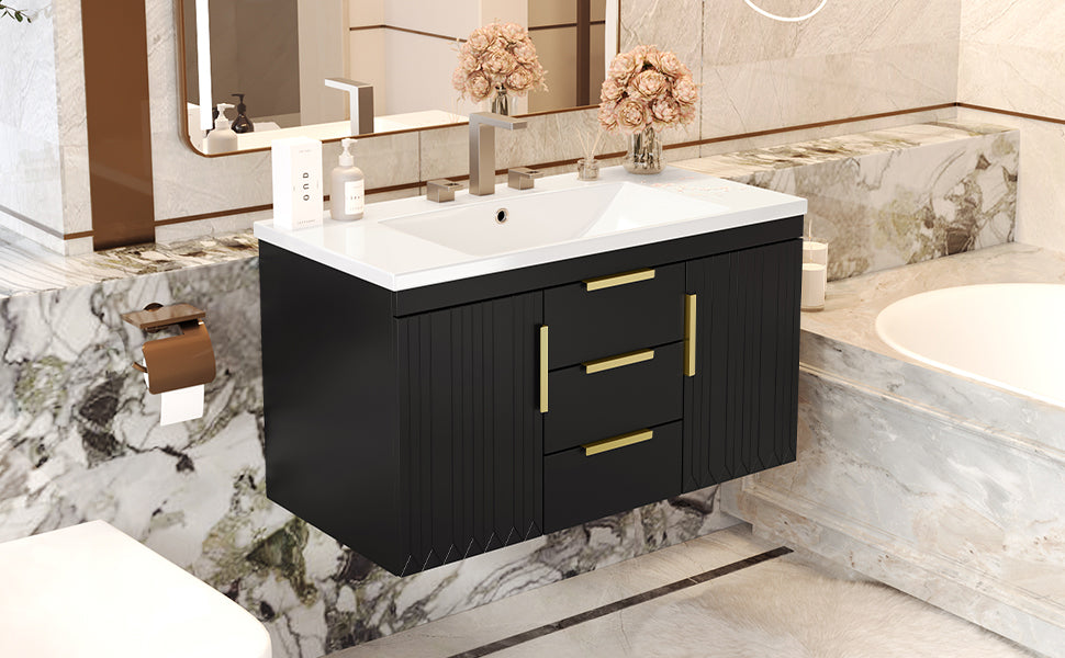 36'' Wall Mounted Bathroom Vanity with Resin Sink and 2 Drawers