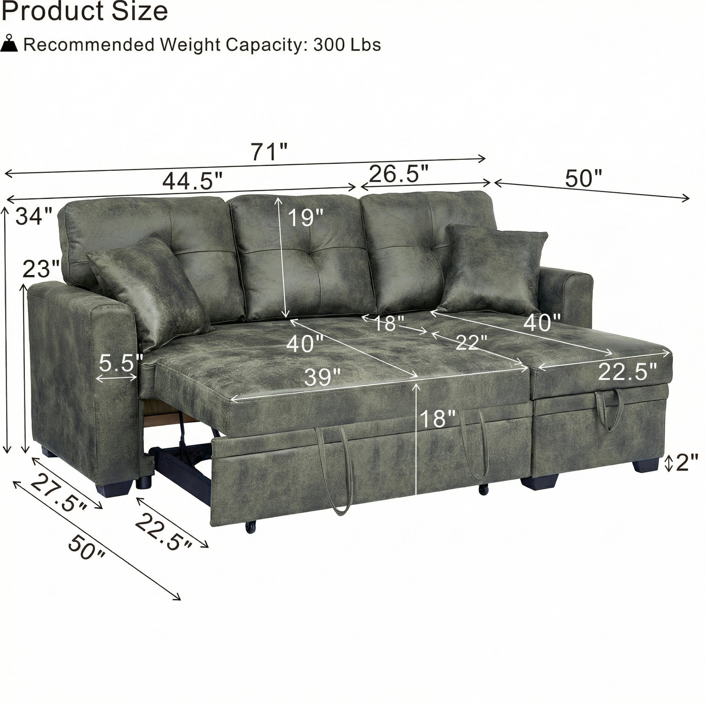 Sectional Sofa L-Shape Olive Green Sleeper 71