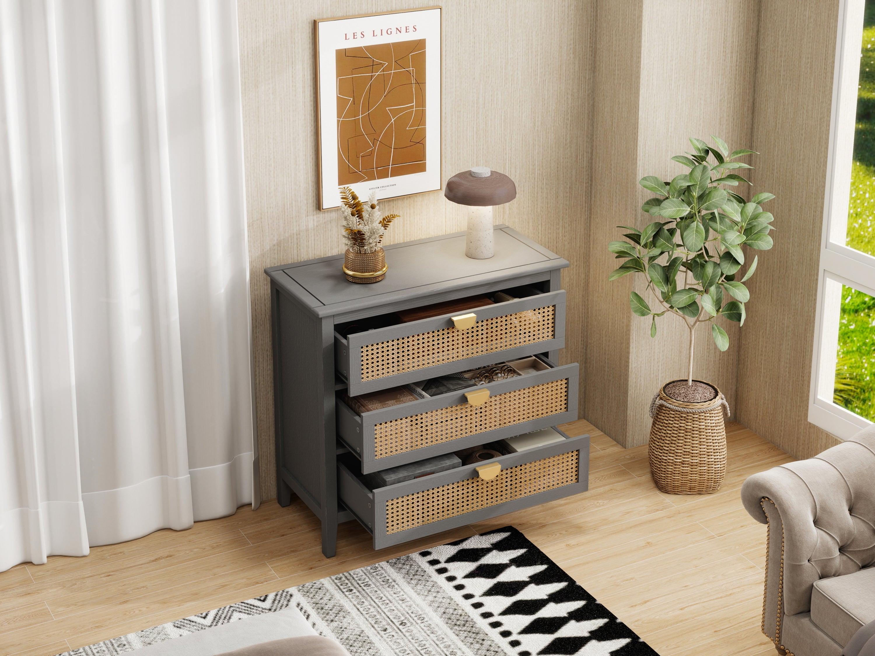 3-Drawer Cabinet - Natural Rattan - Suitable for Bedroom, Living Room, or Study