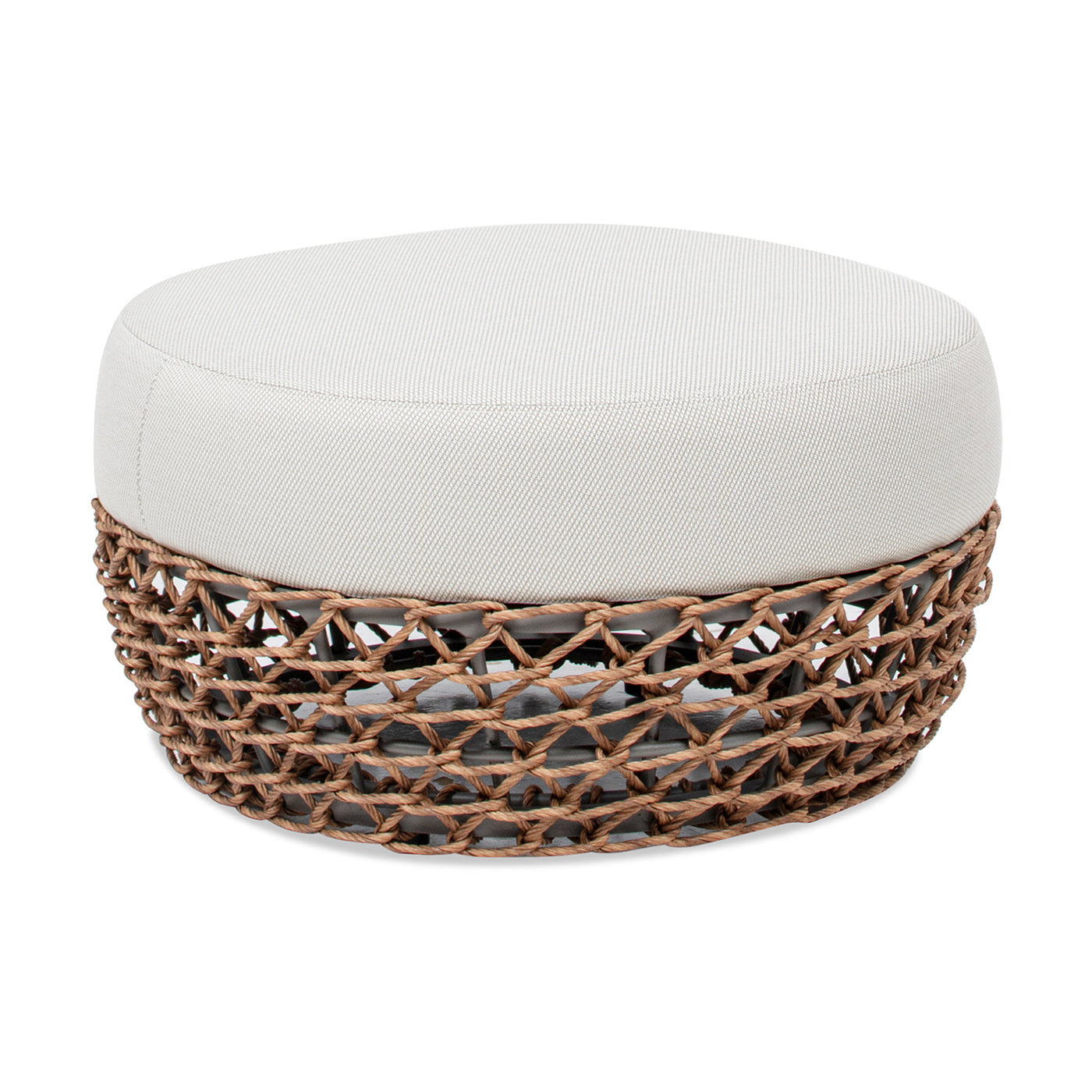 Outdoor Round Ottoman Wicker Beige Wheat Cushion 25in Foam Filled