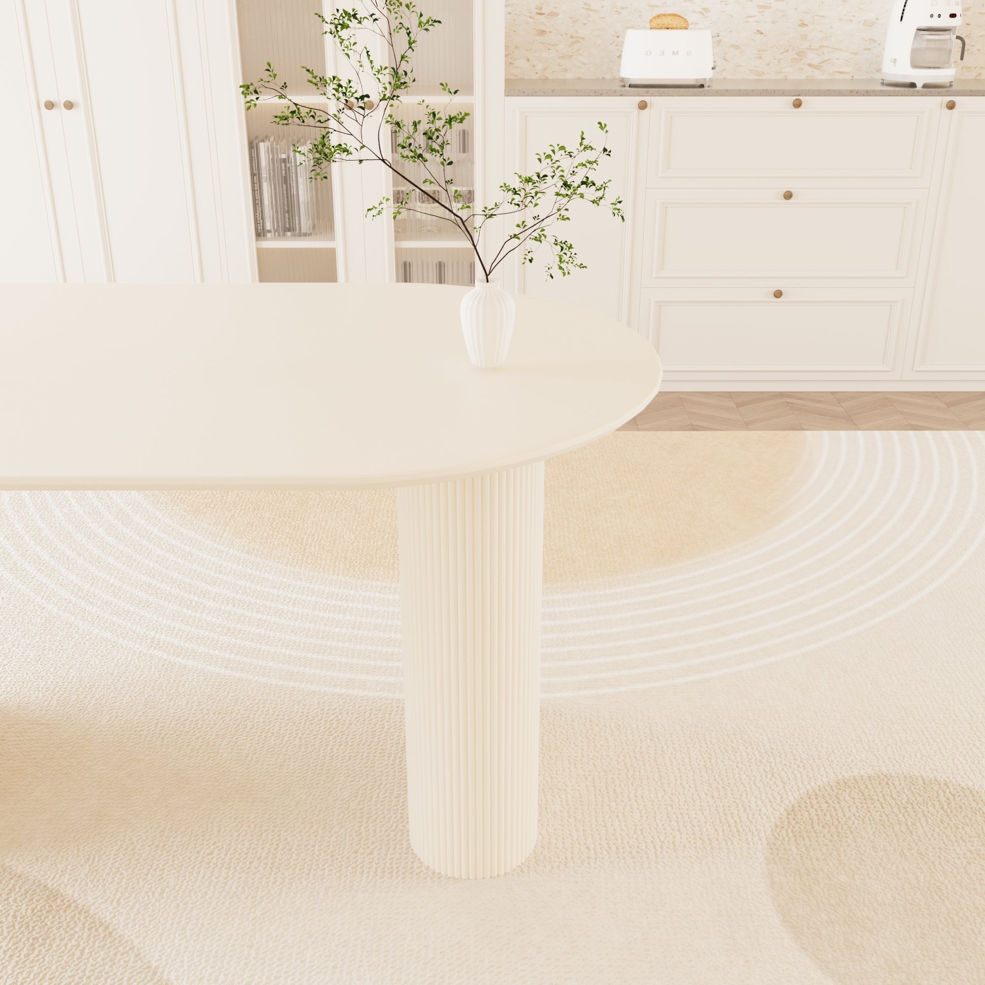 63' medieval modern cream style MDF dining table and beige PU dining chair set,