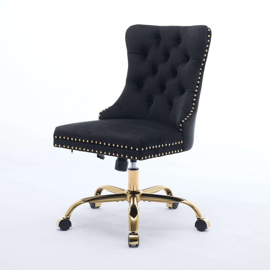 Swivel Office Chair Velvet Black Tufted Button Gold Metal Base 24.8x38.6 In