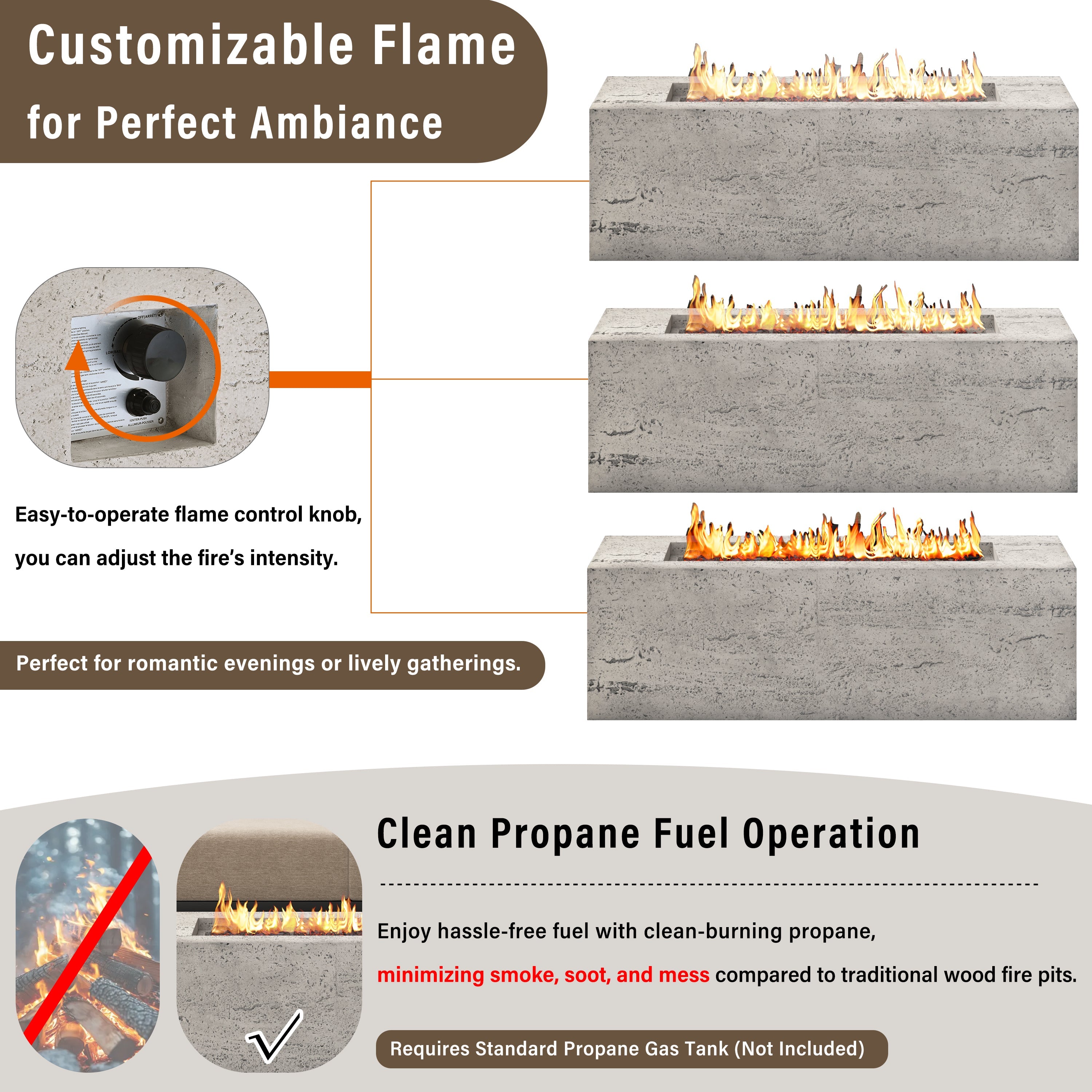2-Piece Fire Pit Set: 41.9 in Propane Fire Pit 40,000 BTU with Lava Rocks and MGO Tank Cover