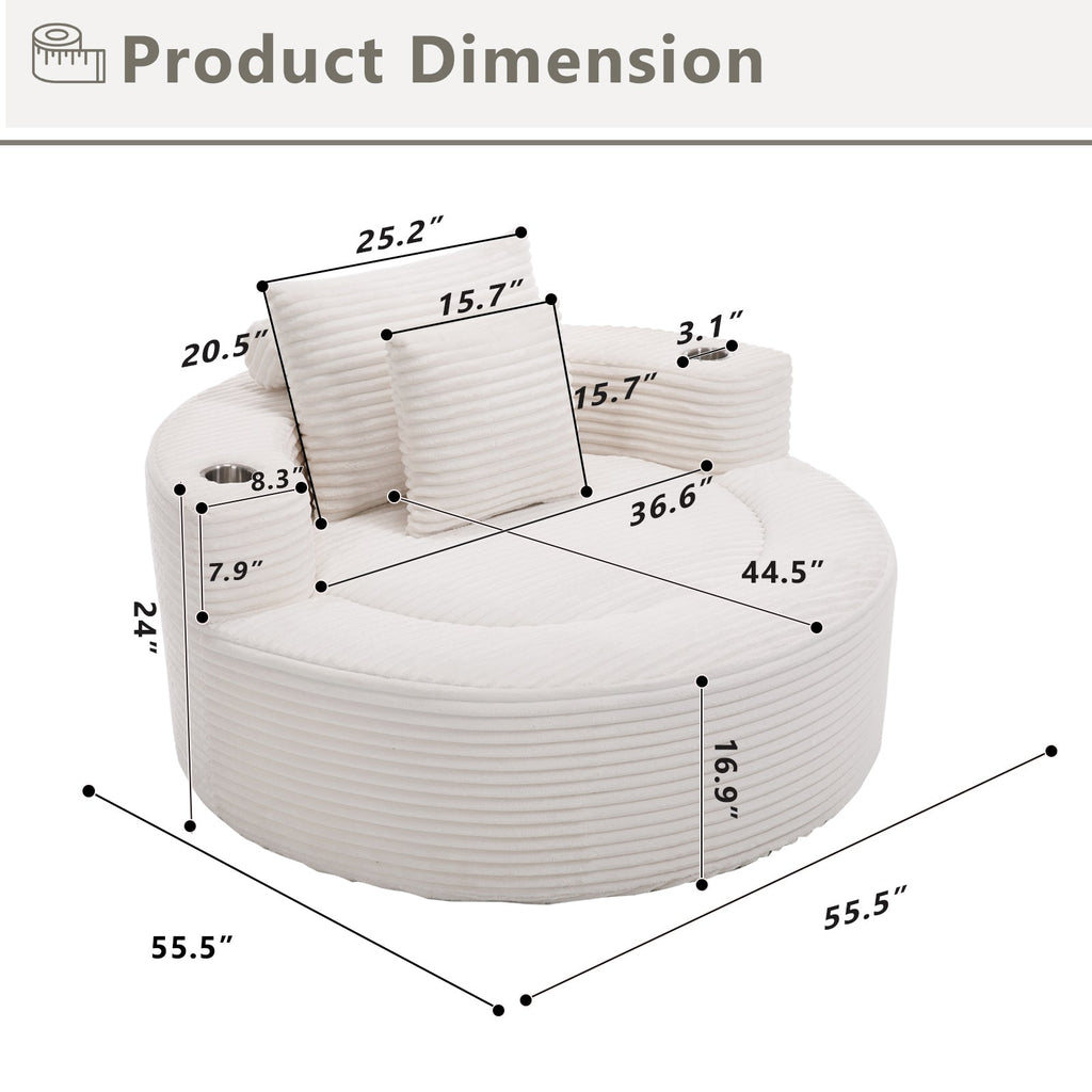 Sofa Round Memory Foam Velvet White with Cup Holder 55 In