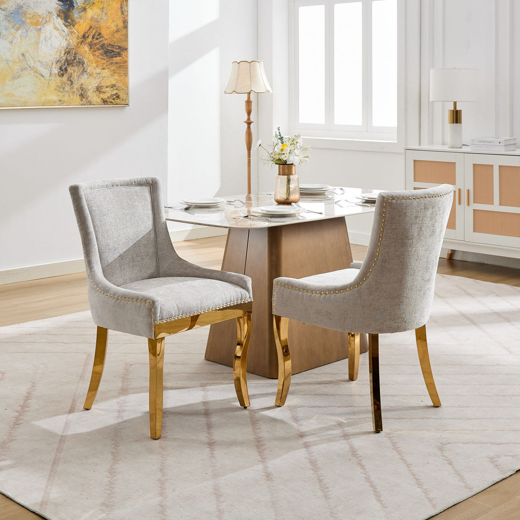 Chenille Dining Chairs, Modern Style with Curved Gold - Plated Legs & Rivet