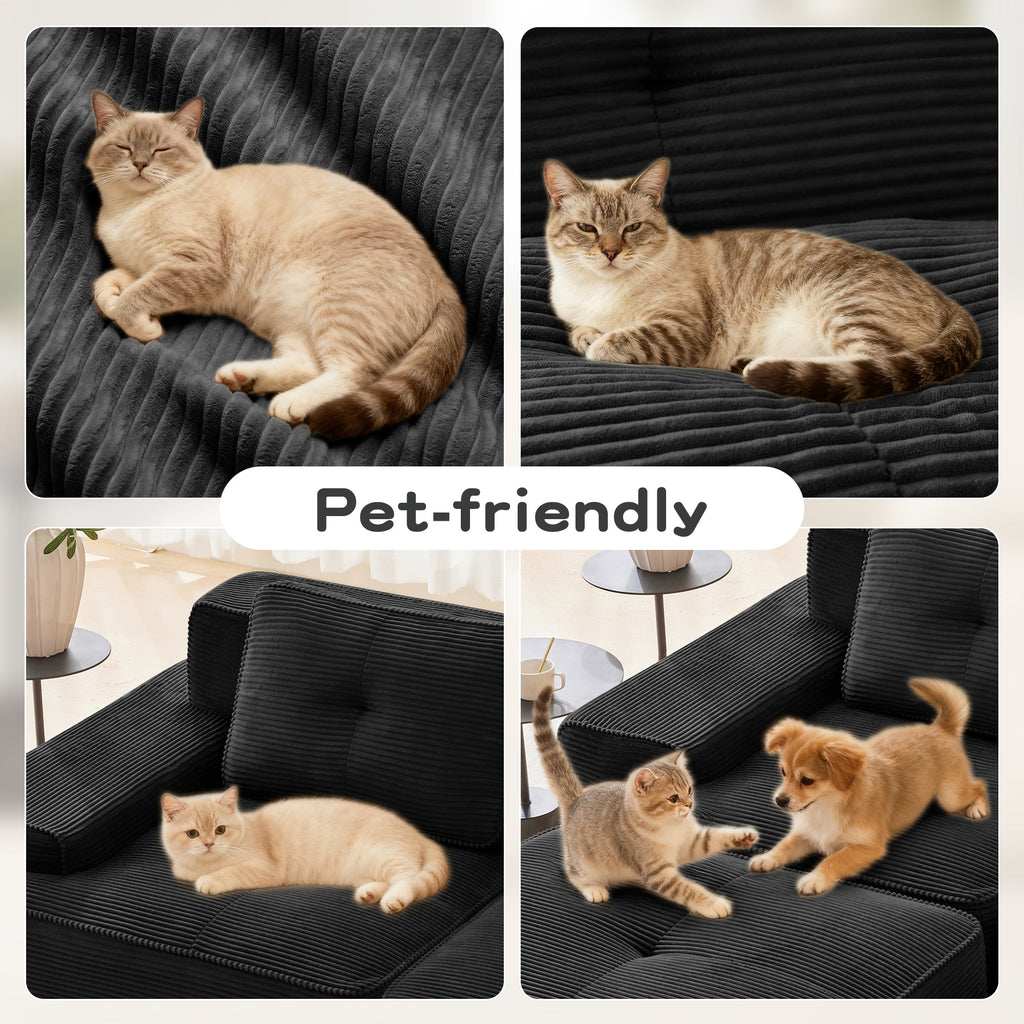Sectional Sofa Modular Corduroy Black 3 Seat Tufted No Assembly