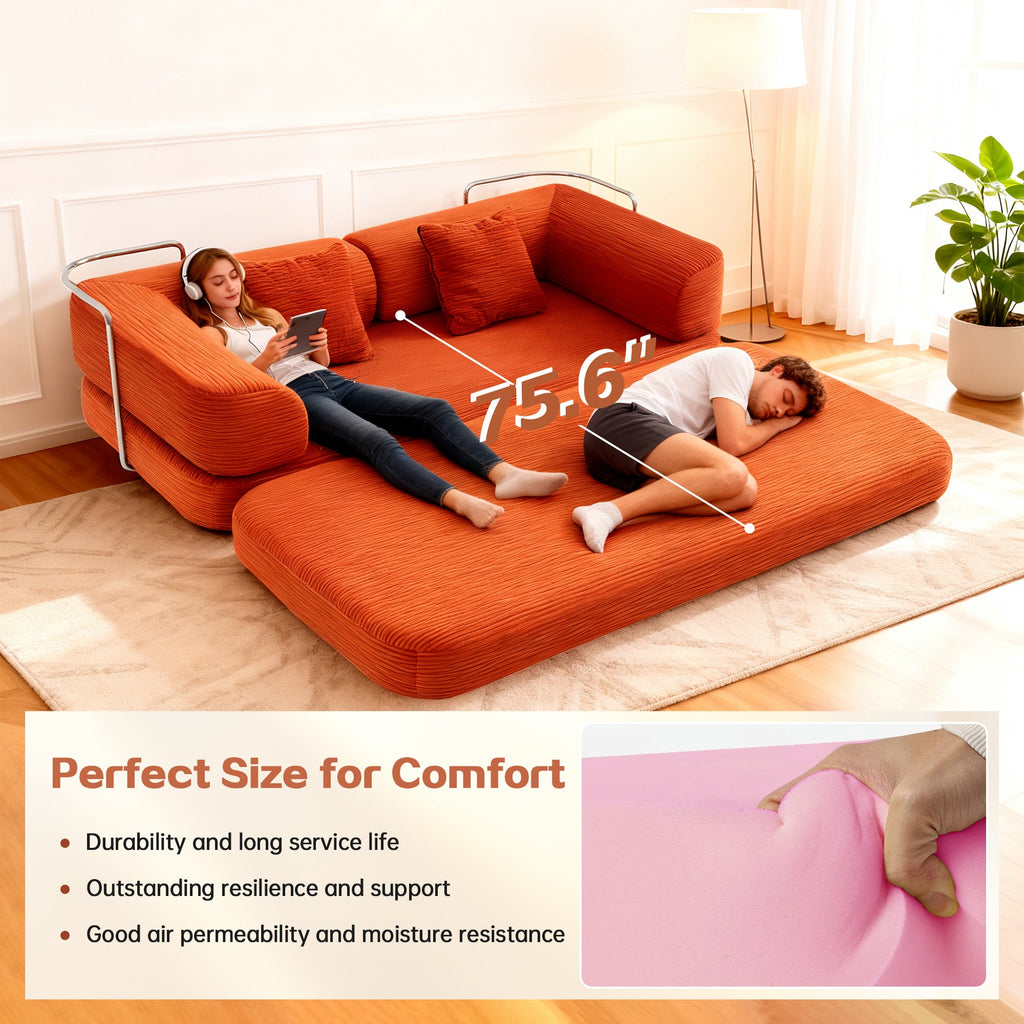 Sofa Bed Convertible 5-in-1 Corduroy Red Floor Steel Frame 74.8 In