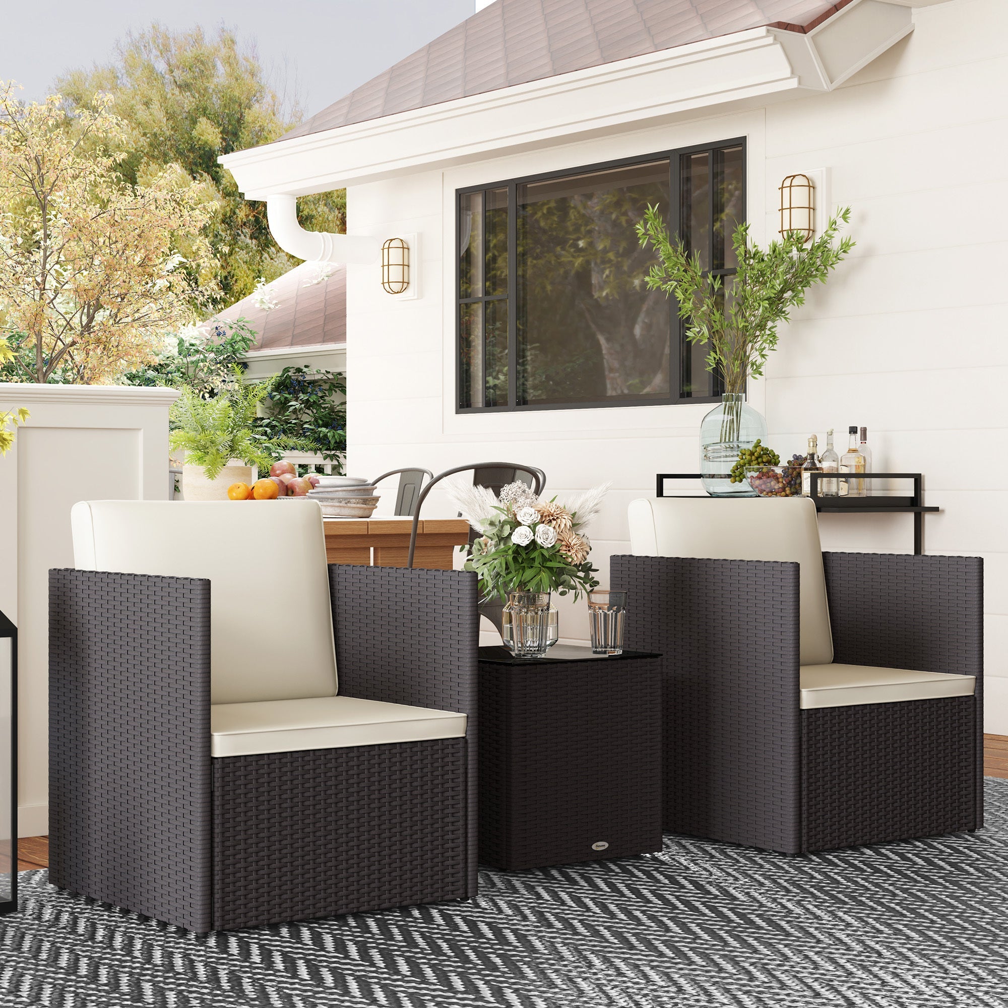 Outdoor Bistro Set PE Rattan Brown Folding 3 Piece Tempered Glass Table