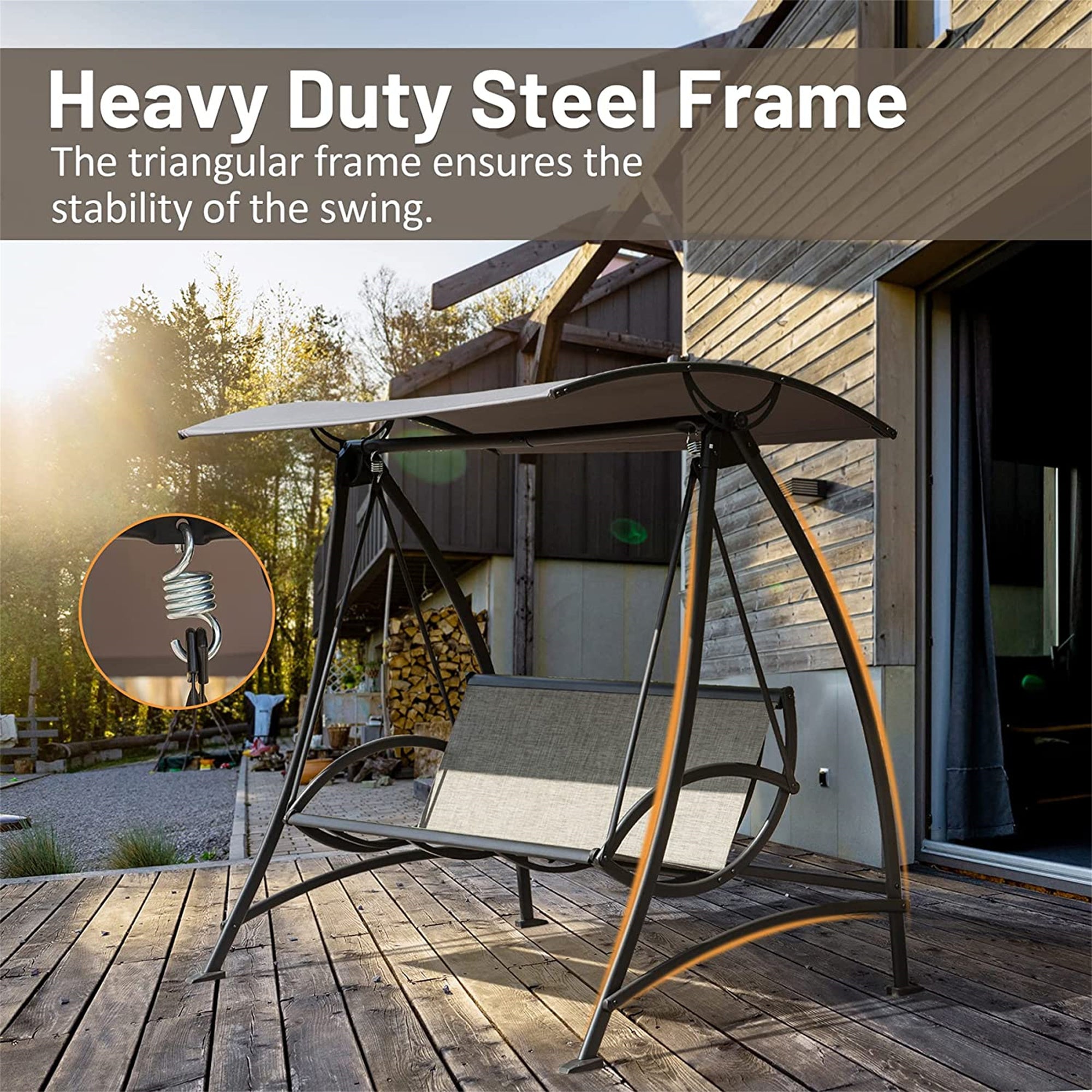 Outdoor Porch Swing 3-Seat Steel Textilene Dark Brown Canopy 73x52 In 970 LB