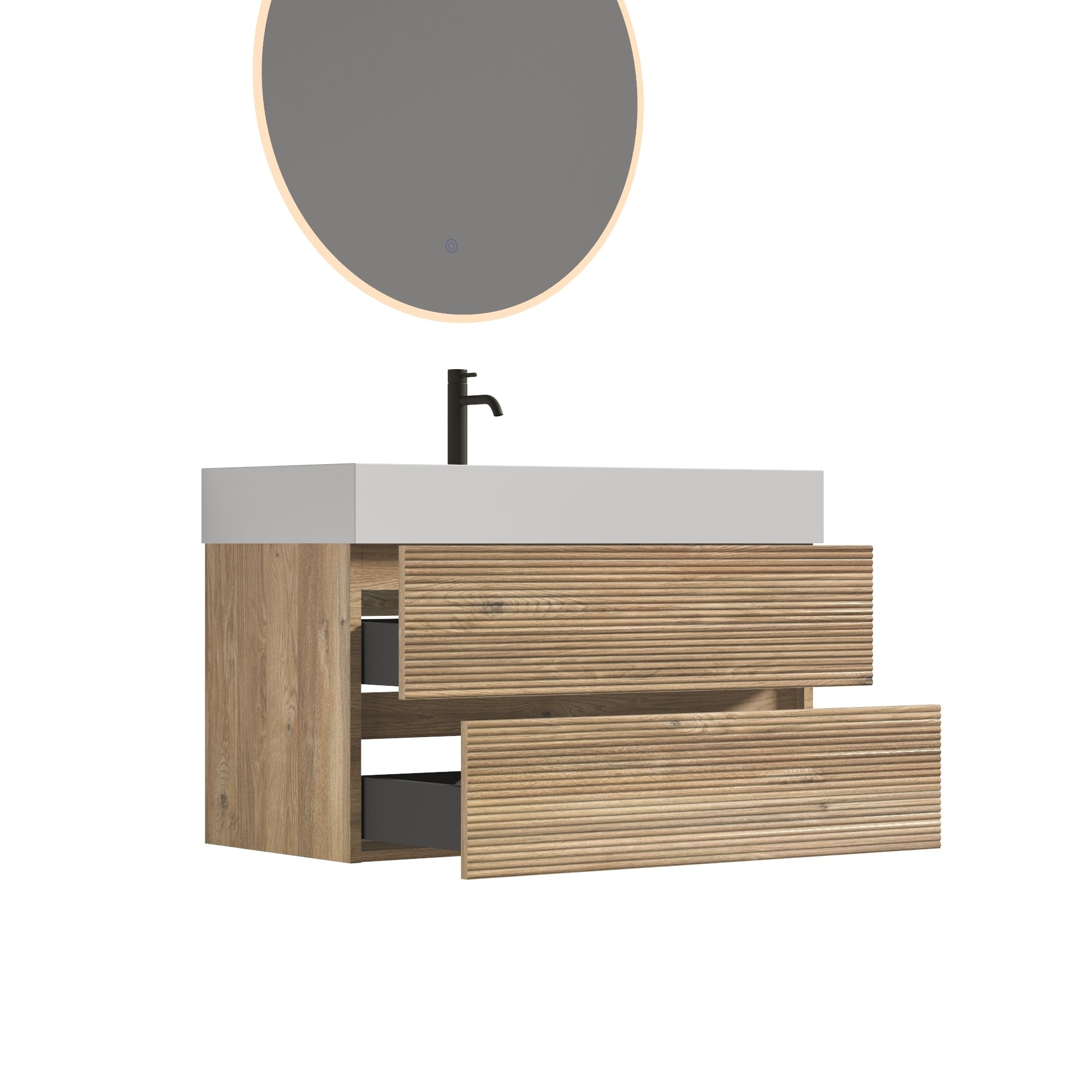 36'  Rough Oak+Rough Oak Bathroom Vanity with White Engineered Quartz Sink an...