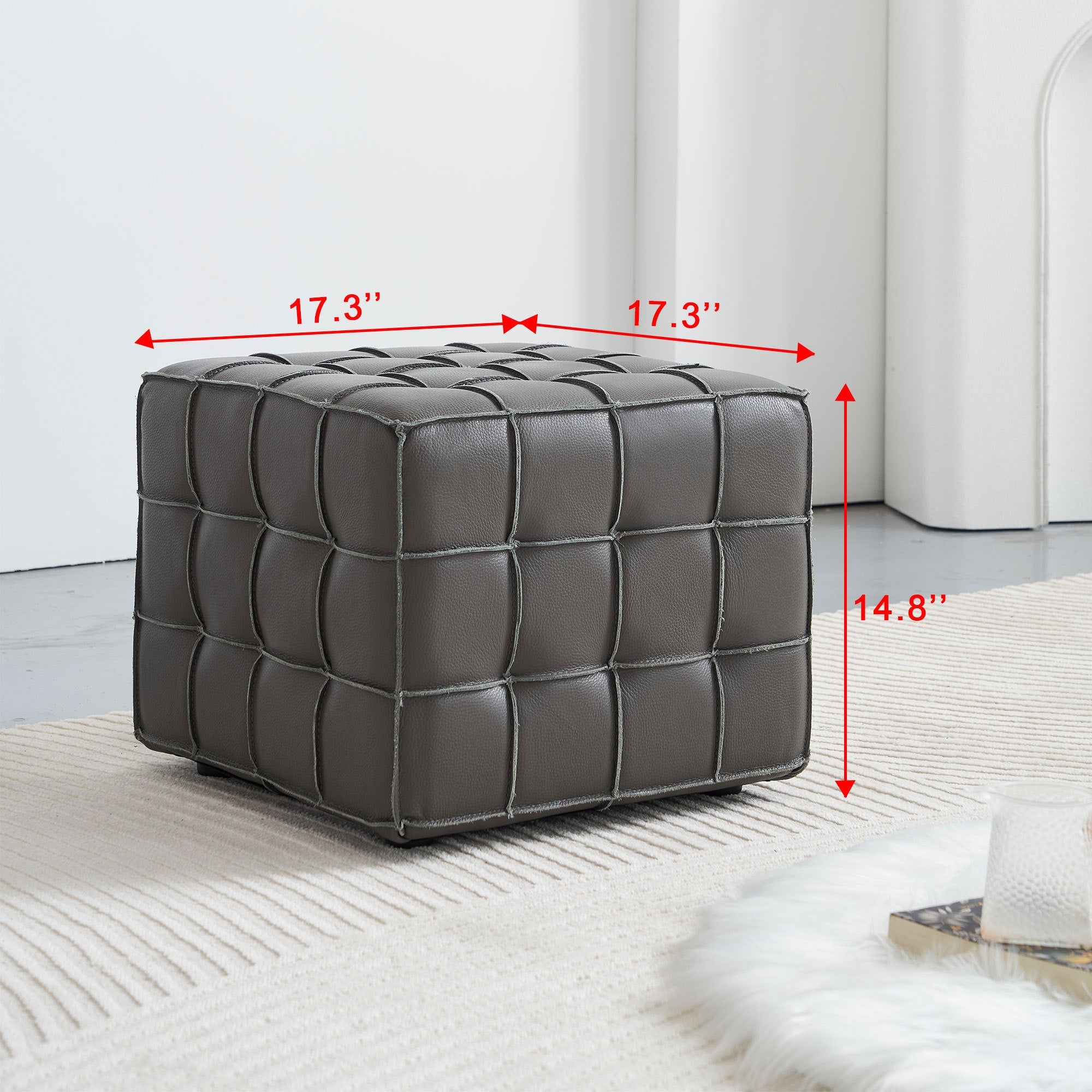 17.32 Inch Quality Leather Tufted Square Ottoman Footstool, Grey
