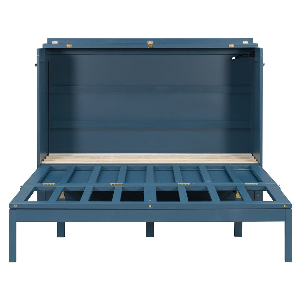 Queen Size Murphy Bed Wall Bed with Drawer and Sockets and USB Ports, Navy Blue