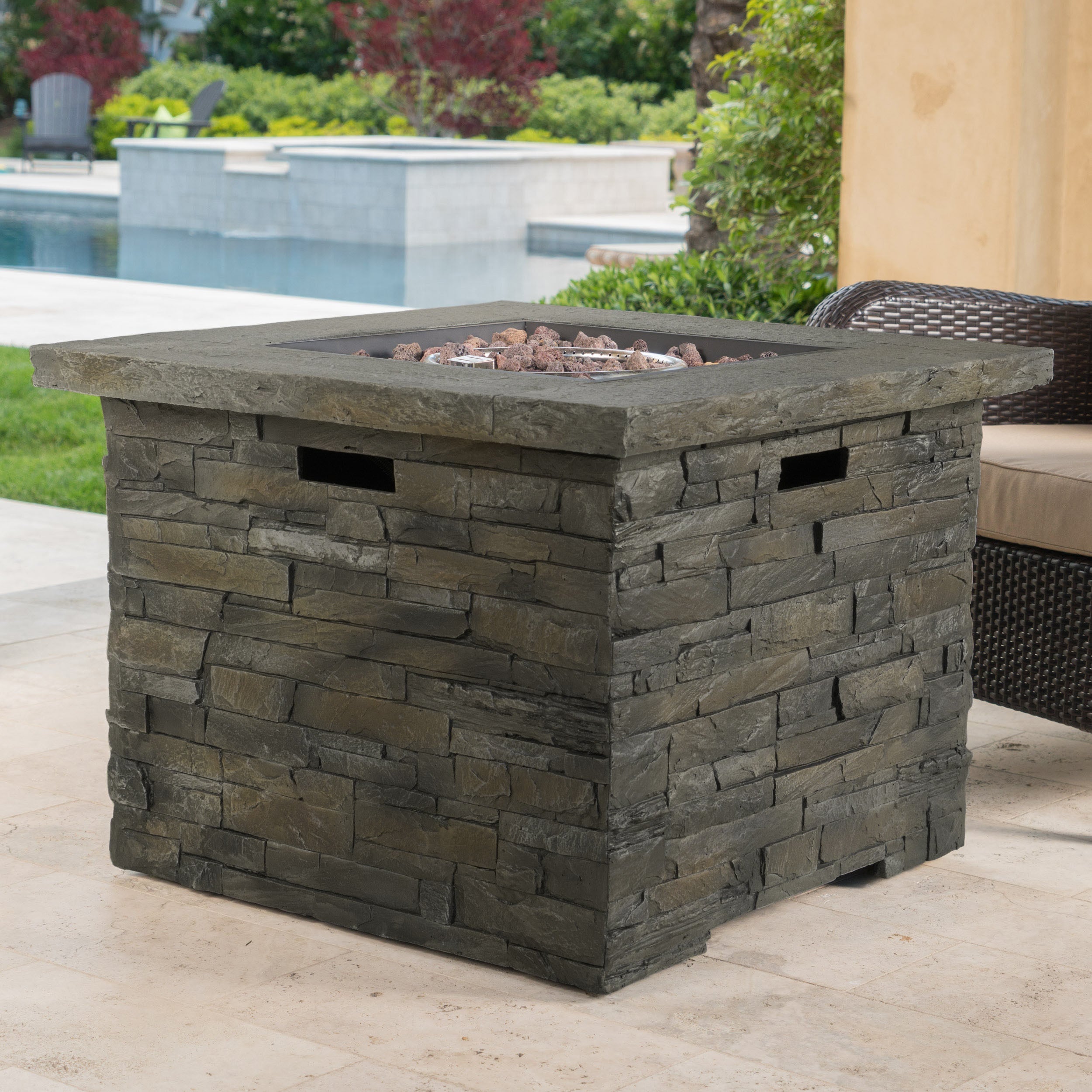 33 in Square MGO Fire Pit 40,000 BTU, Stone Gray Finish with Built-In Tank Space