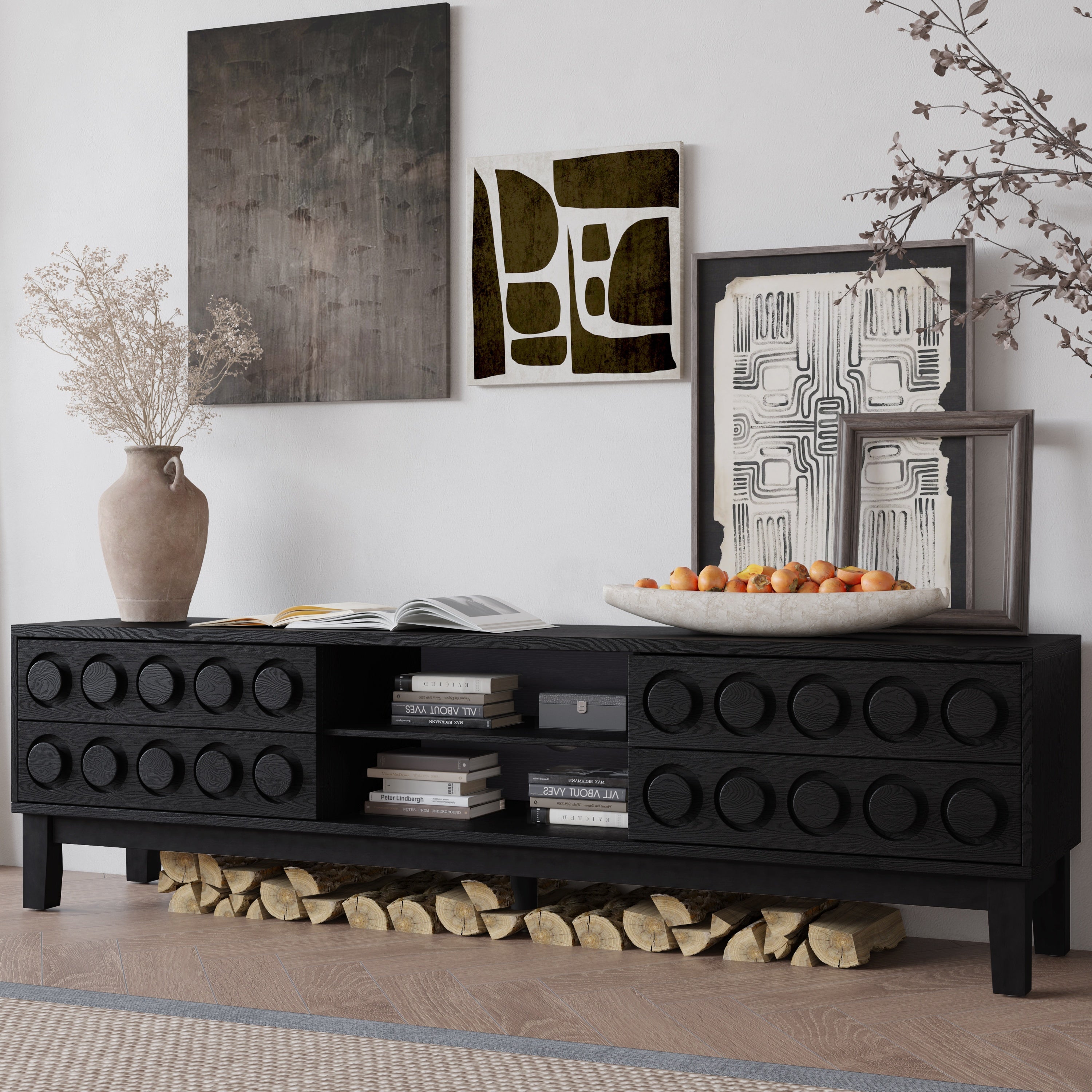 TV Stand Mid-Century Modern Solid Wood Gray Black 4-Drawer Fits 70 In TV