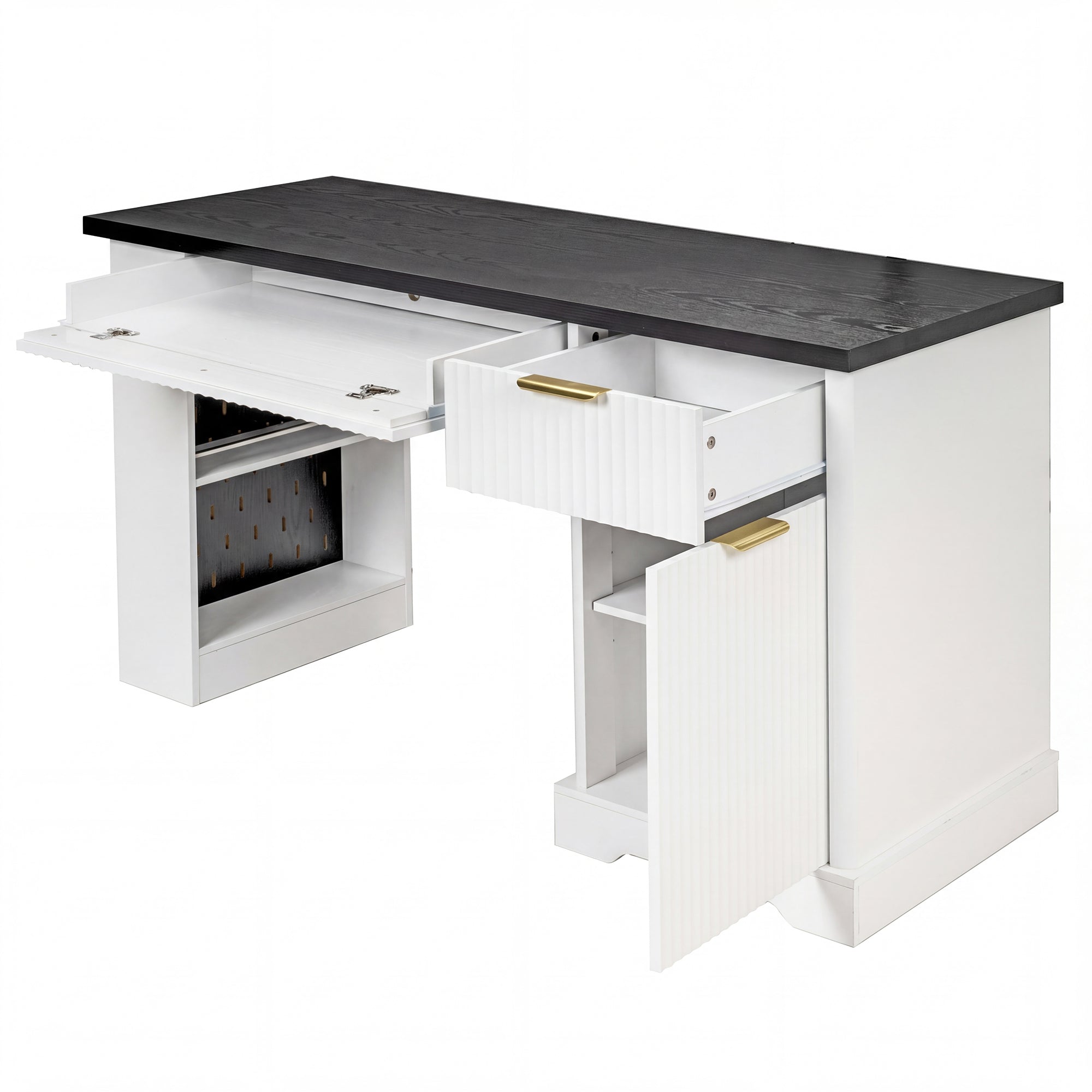 55' Modern Fluted Office Desk with Storage Cabinet and Drawers, Computer Writ...