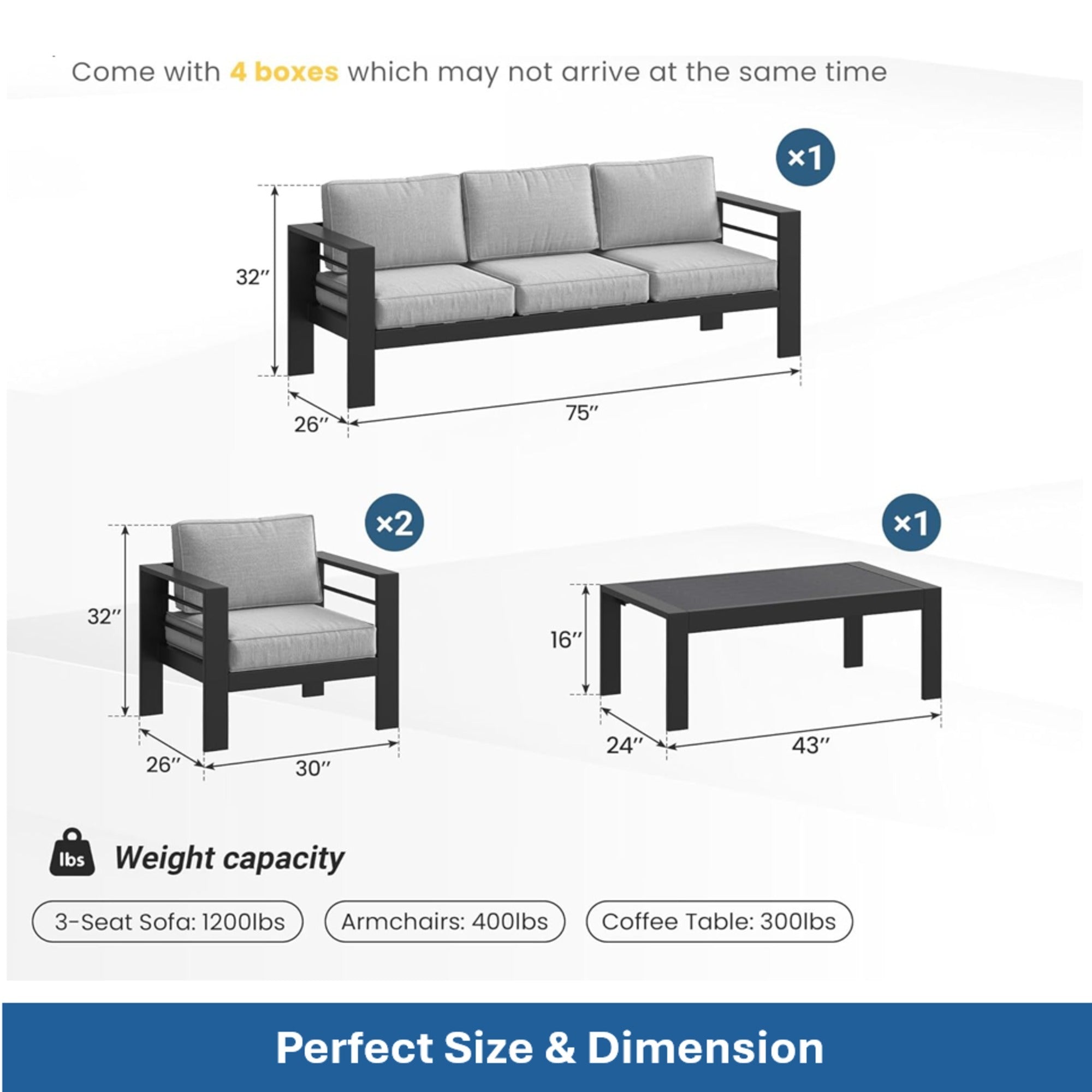 Outdoor Patio Set Aluminum Black Gray 4 Piece 73in Sofa