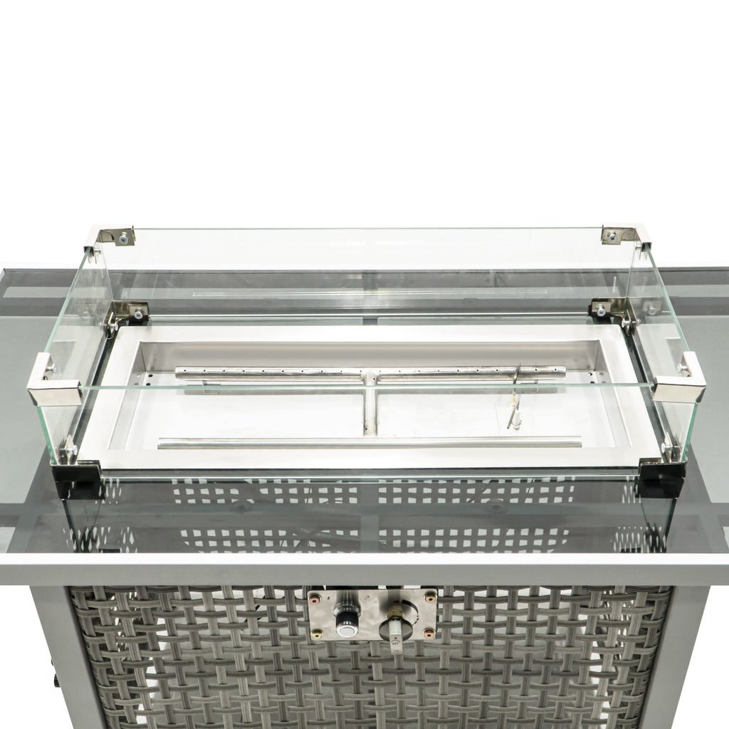 43 in Propane Gas Fire Pit Table 60,000 BTU Rectangular Open Weave Wicker, Grey