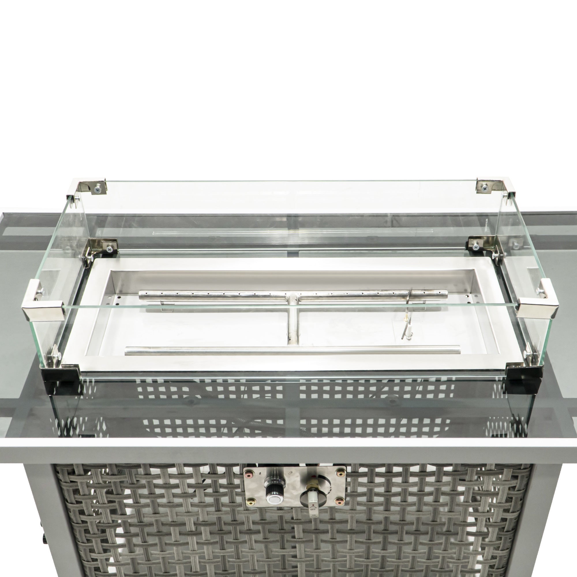 43 in Propane Gas Fire Pit Table 60,000 BTU Rectangular Open Weave Wicker, Grey
