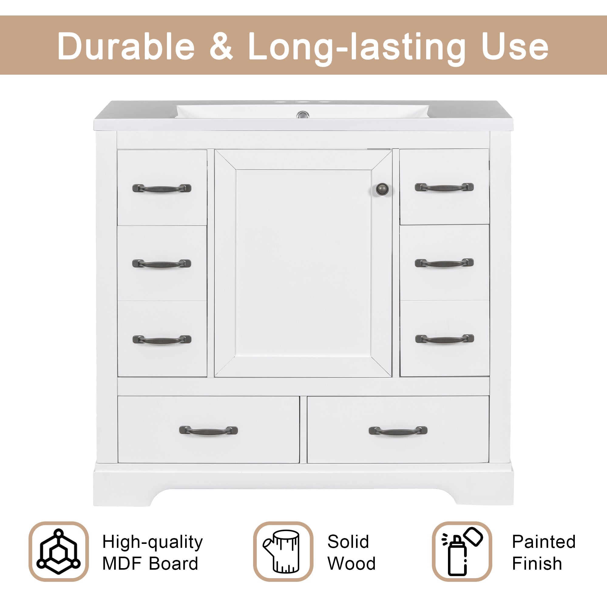36' Bathroom Vanity with Sink Combo, Six Drawers, Multi-Functional Drawer Div...